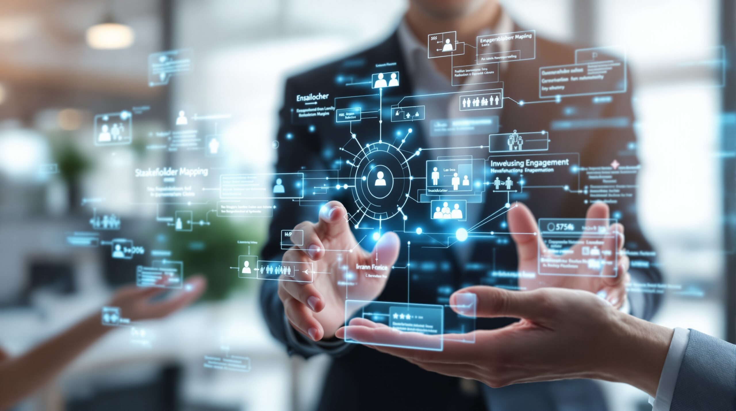 Multiple hands collaborating on digital stakeholder engagement matrix interface with network connections and organizational charts