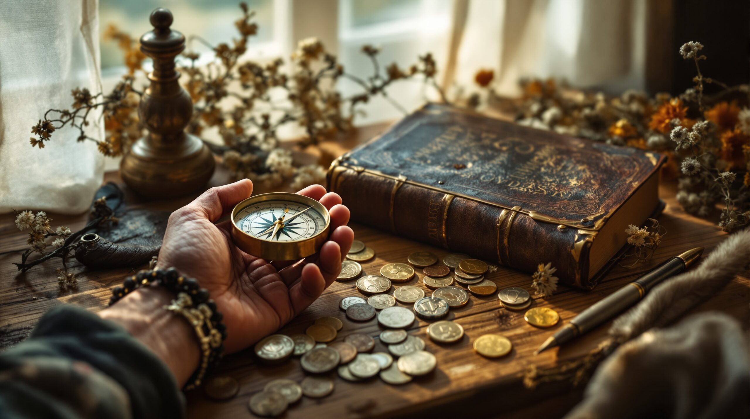 Weathered hands holding brass compass and philosophical text on wooden table, symbolizing moral guidance and ethics