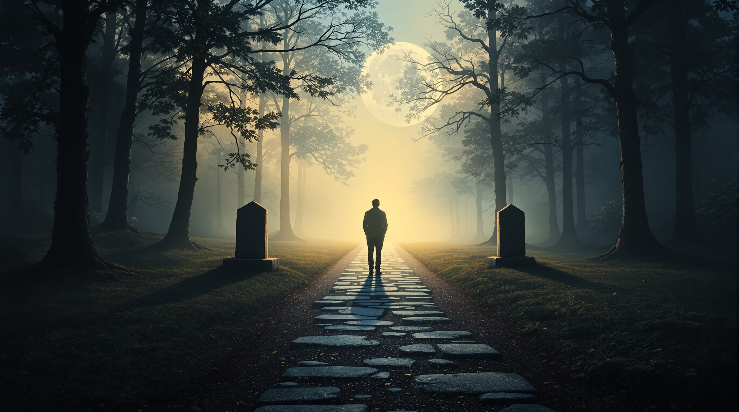Person's silhouette at forest crossroads with two paths - one sunlit, one moonlit - representing moral choice and ethics