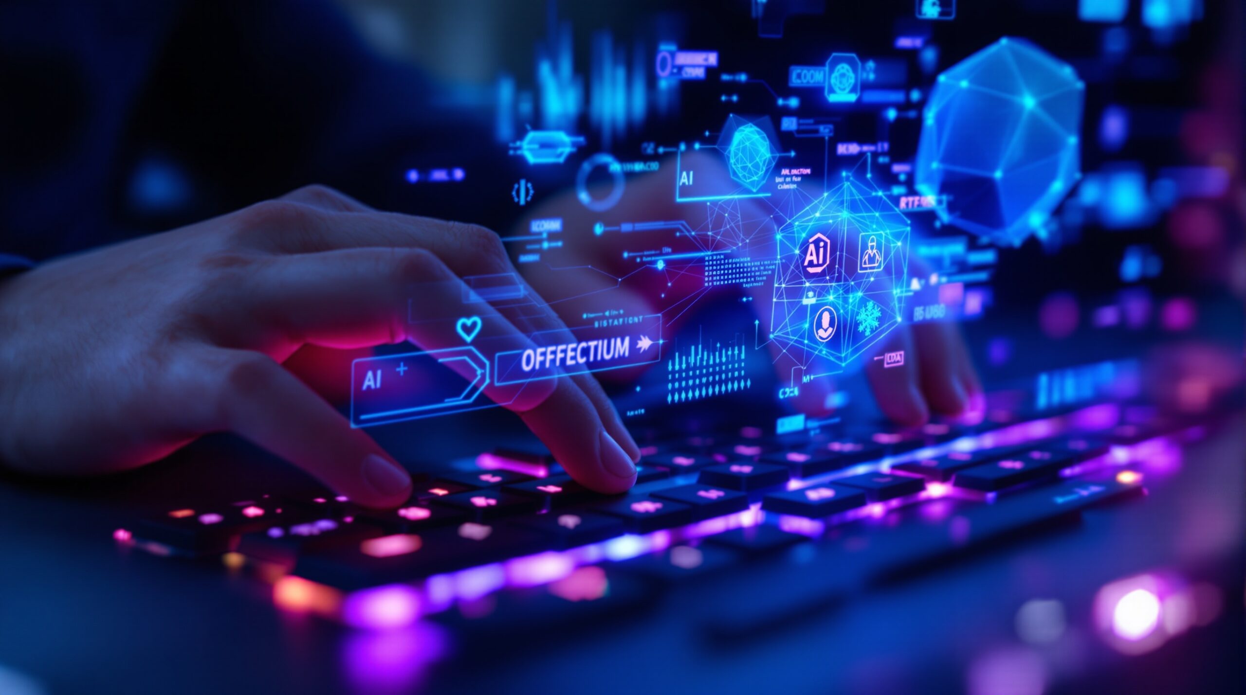 Hands typing on RGB keyboard with glitching holographic AI elements floating above, showing code completion mistakes