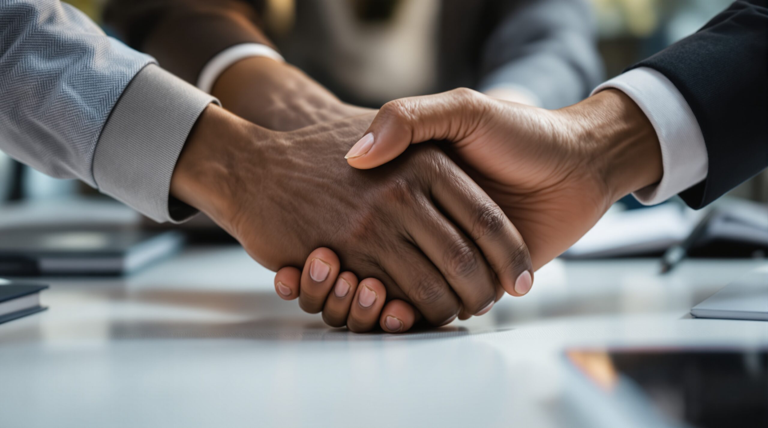 Diverse hands joining together over modern desk, symbolizing unity and collaboration in ethical leadership