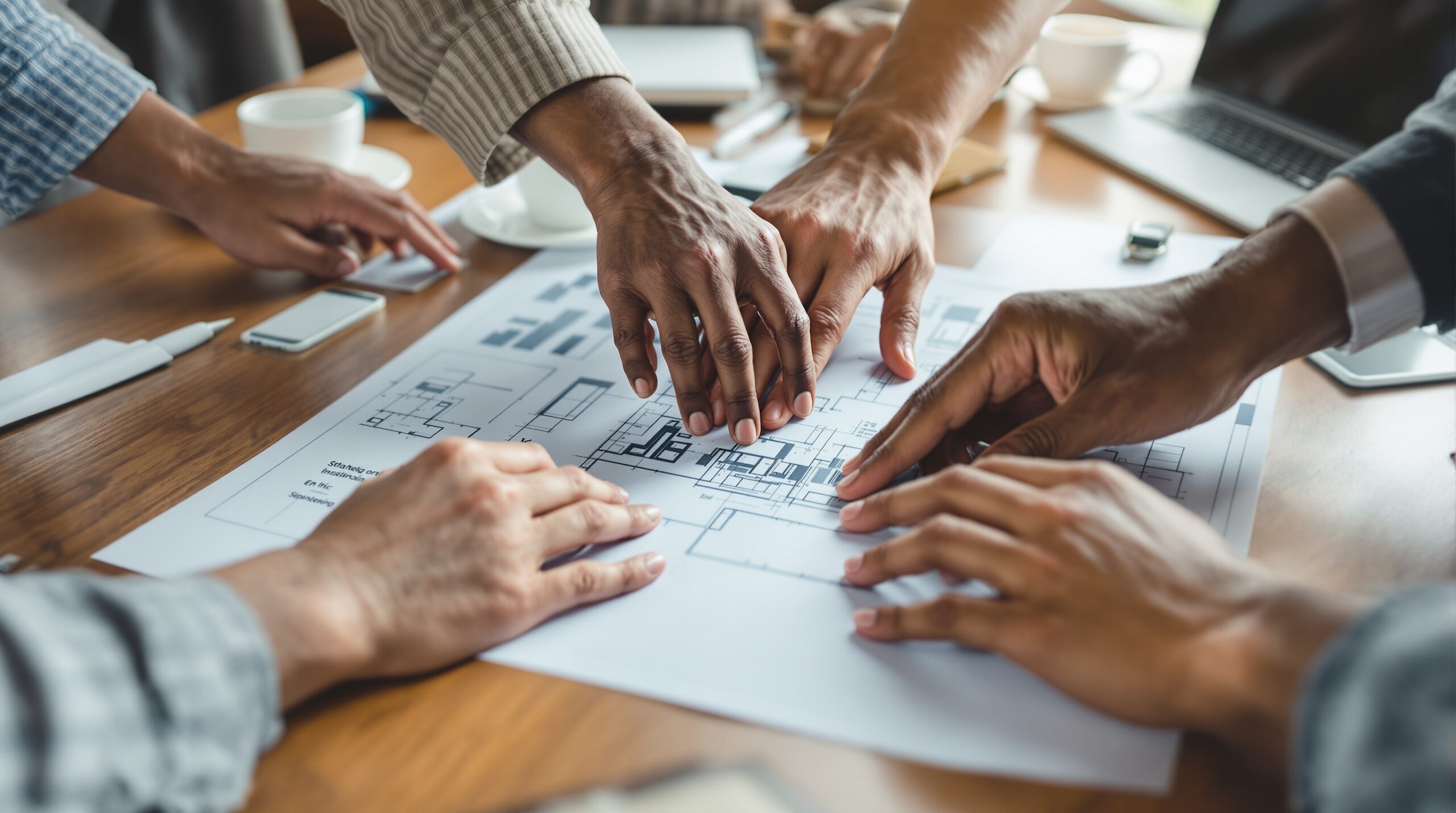 Diverse hands collaborating over blueprints on wooden desk, symbolizing creating ethical culture in business
