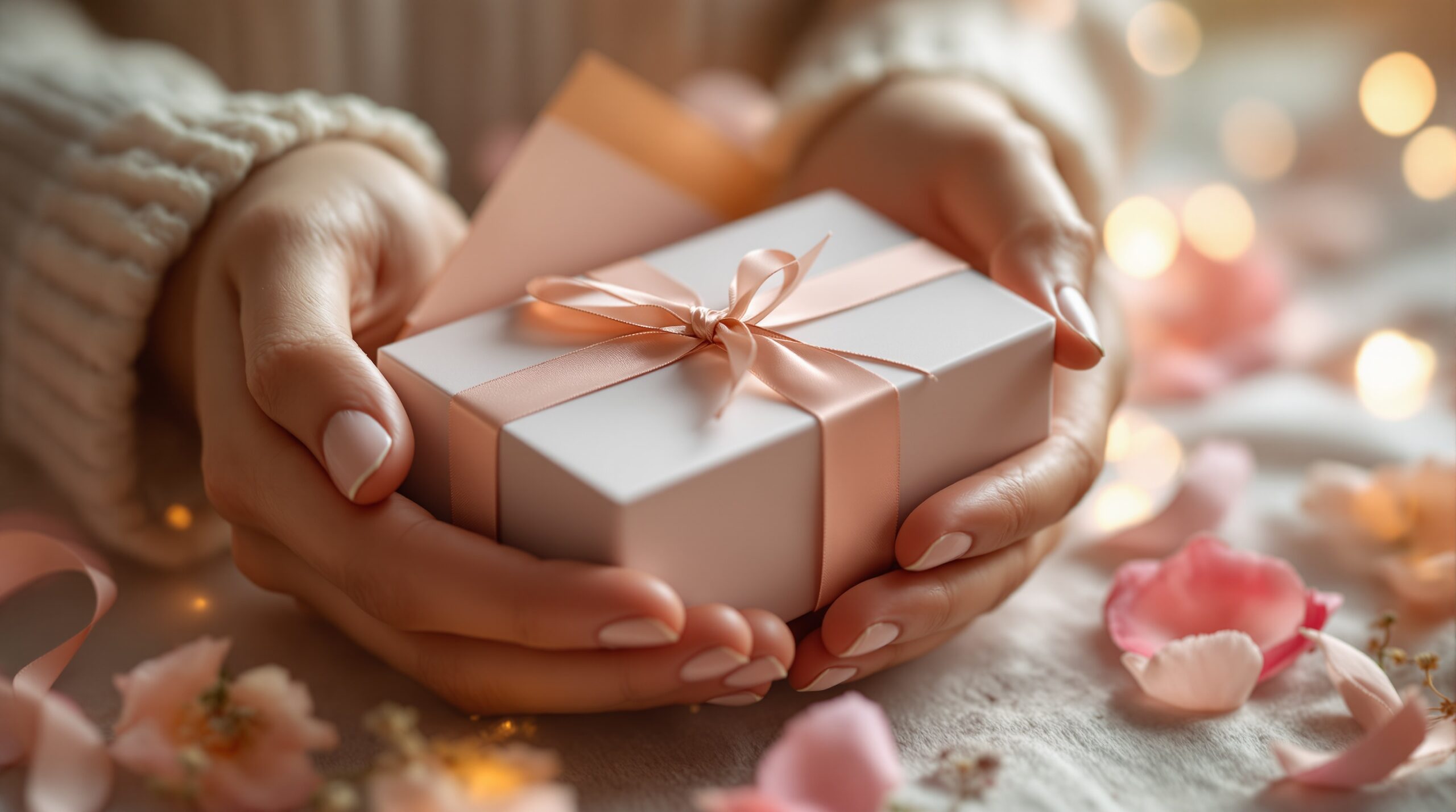 Hands holding elegant gift box with poetry, surrounded by flower petals and ribbon in soft romantic lighting