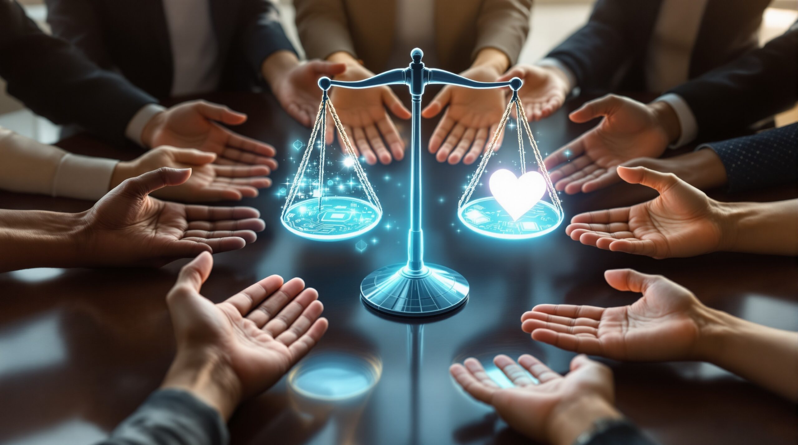 Diverse business hands around table with holographic scales balancing circuit boards and heart, showing ethical leadership