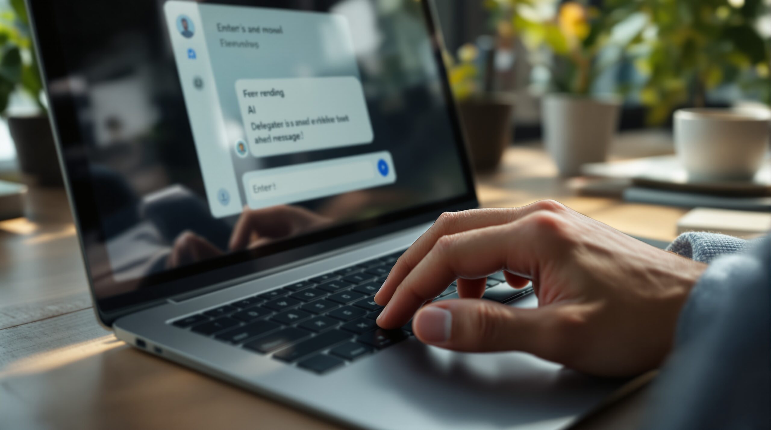 Human hands hovering over laptop keyboard with AI chat interface on screen, showing moment of ethical decision-making