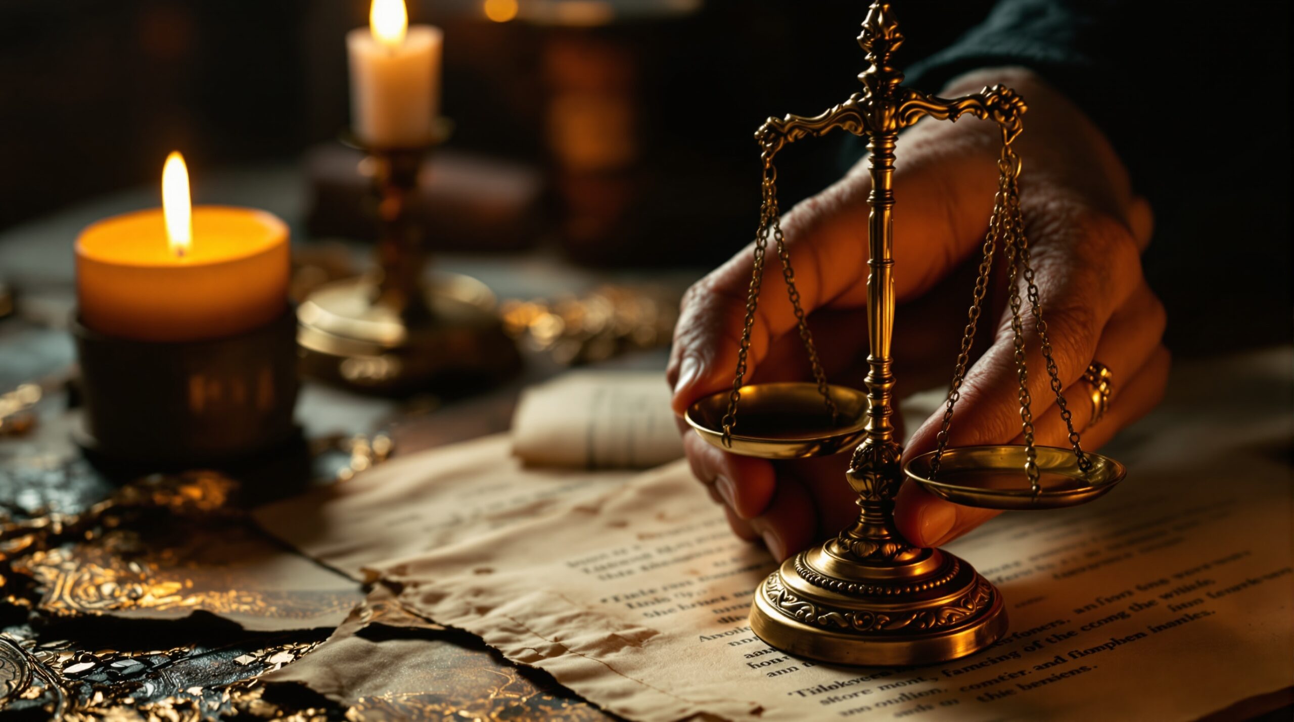 Weathered hands holding balanced brass scales by candlelight, symbolizing historical ethical dilemmas and moral decisions