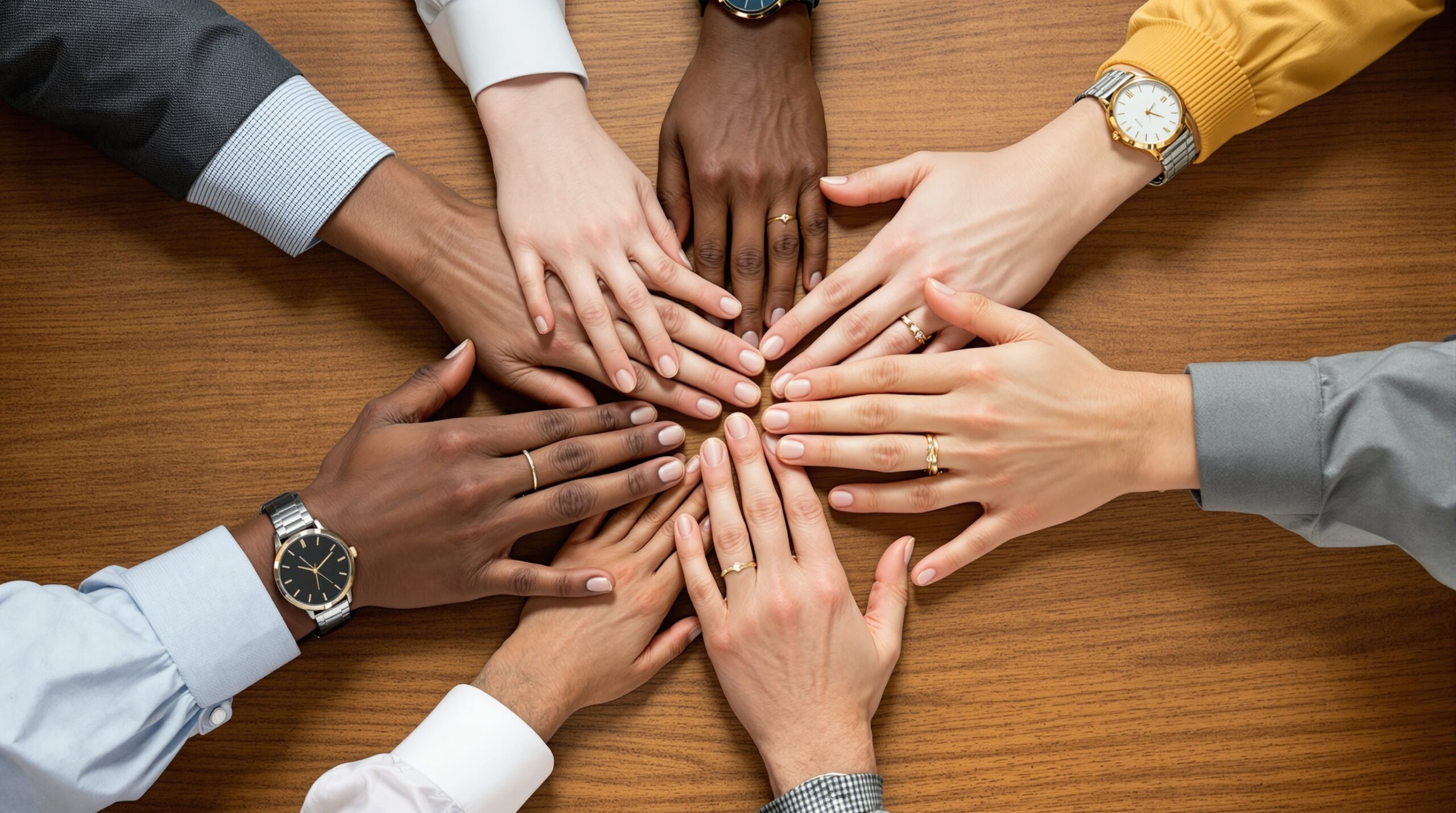 Diverse hands joining together above wooden table, symbolizing unity and collaboration among ethical professionals