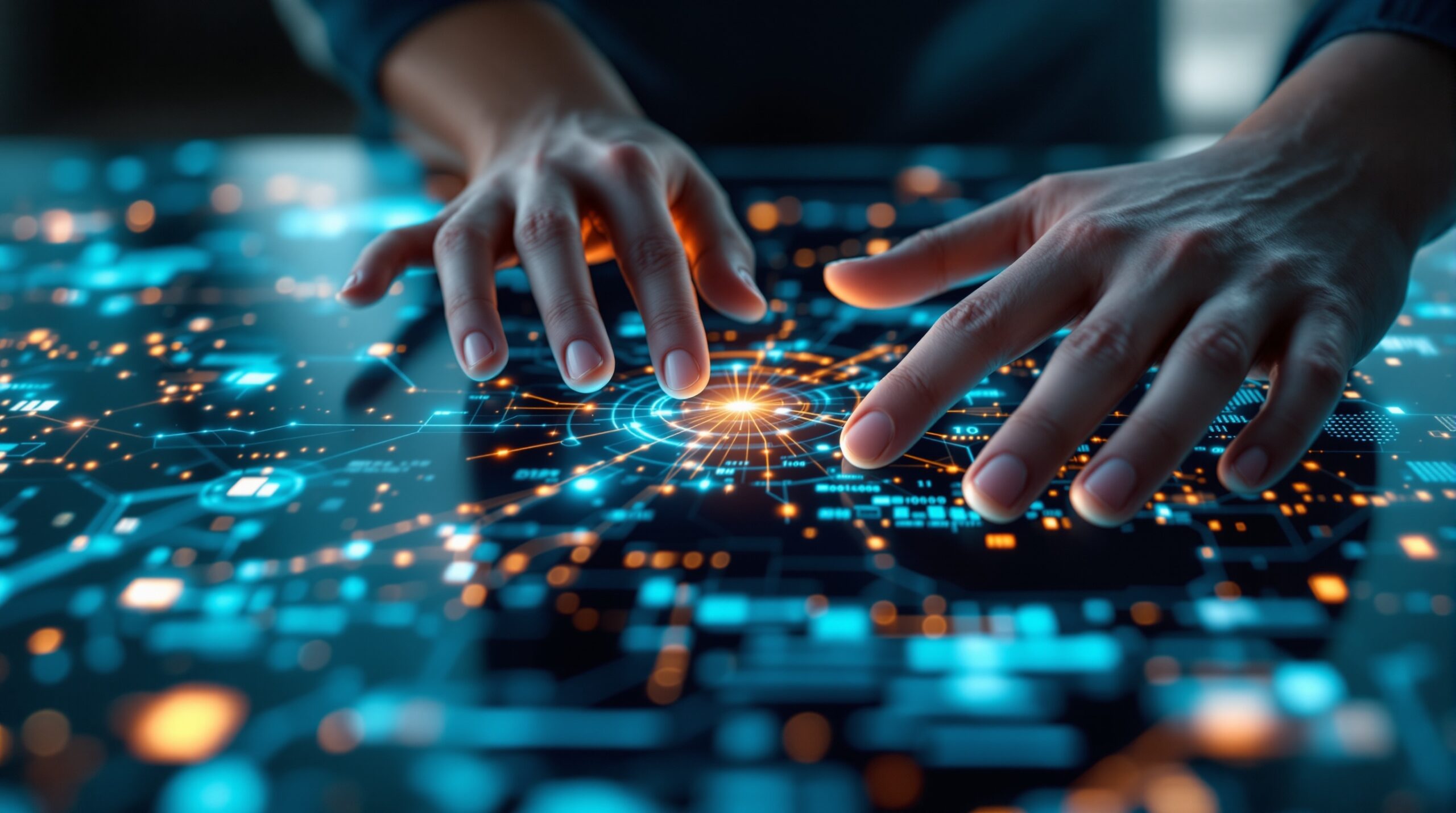 Hands hovering over interactive touchscreen displaying dynamic data patterns and algorithms in teal and orange gradients
