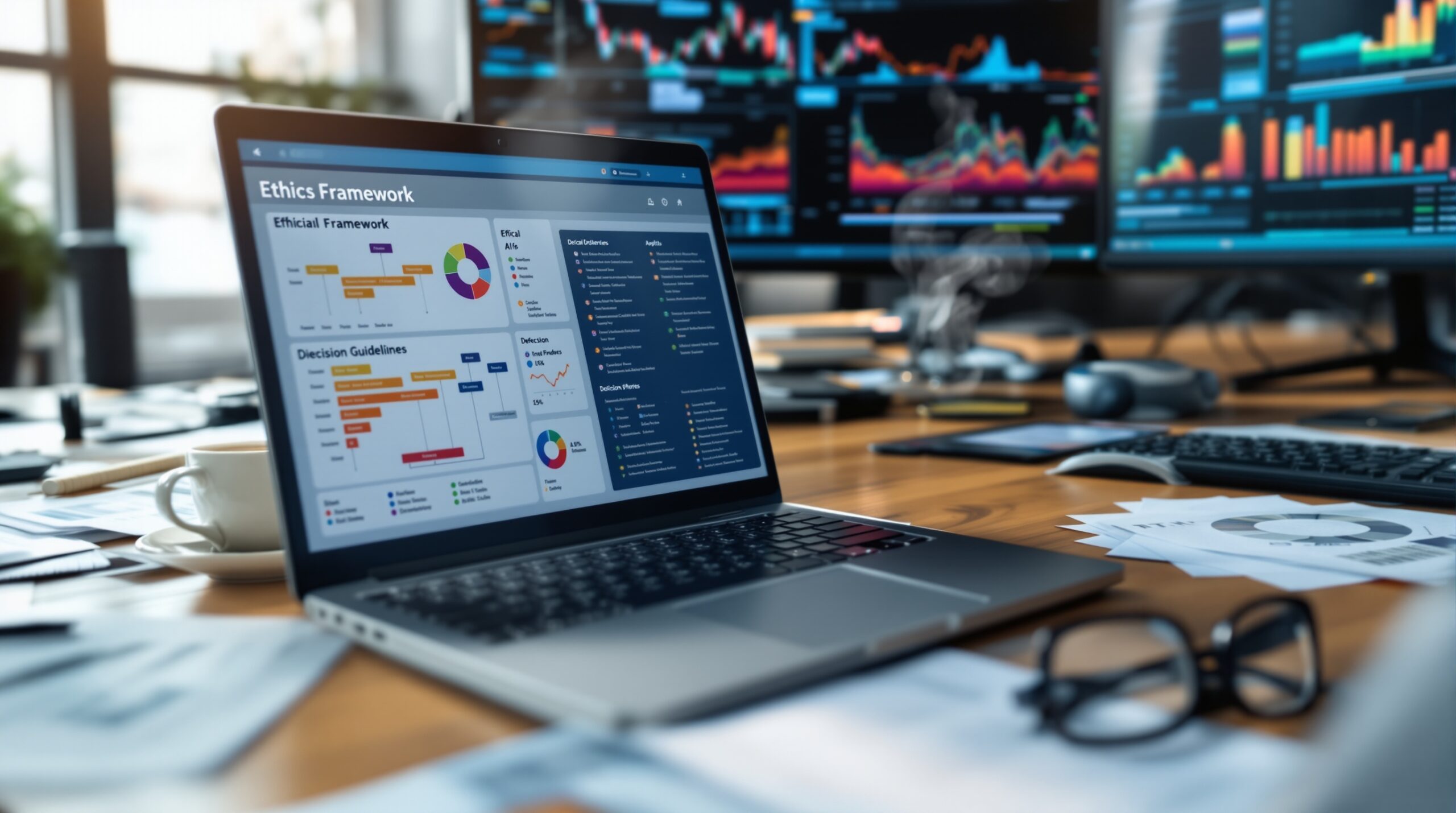 Overhead view of laptop showing AI ethics dashboard with data visualizations, surrounded by documents and coffee cup