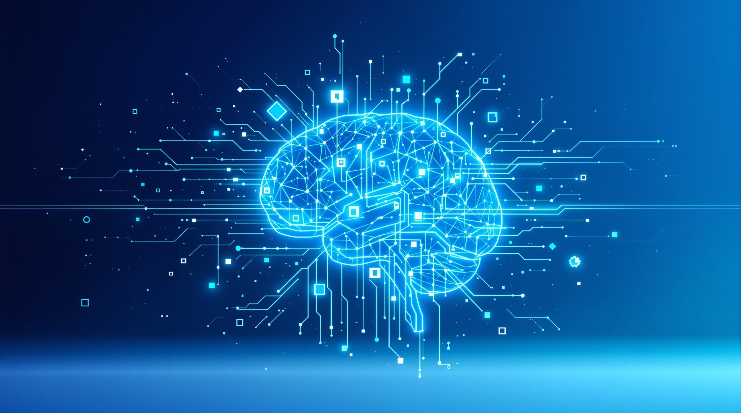 Abstract AI brain with circuit patterns and code blocks, showing artificial intelligence processing programming data