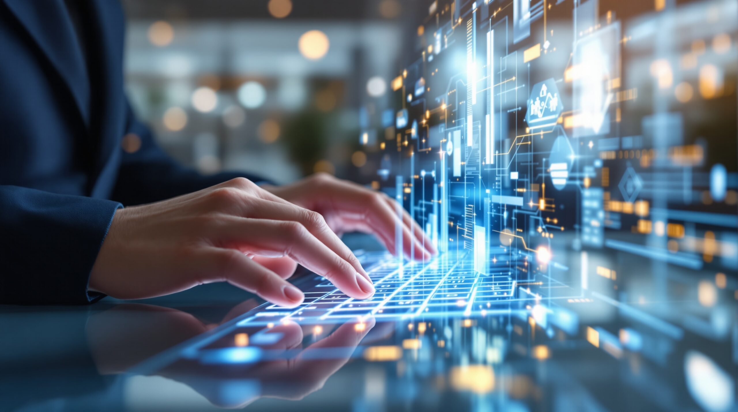 Hands typing on holographic keyboard with flowing digital data, representing AI-driven transformative leadership