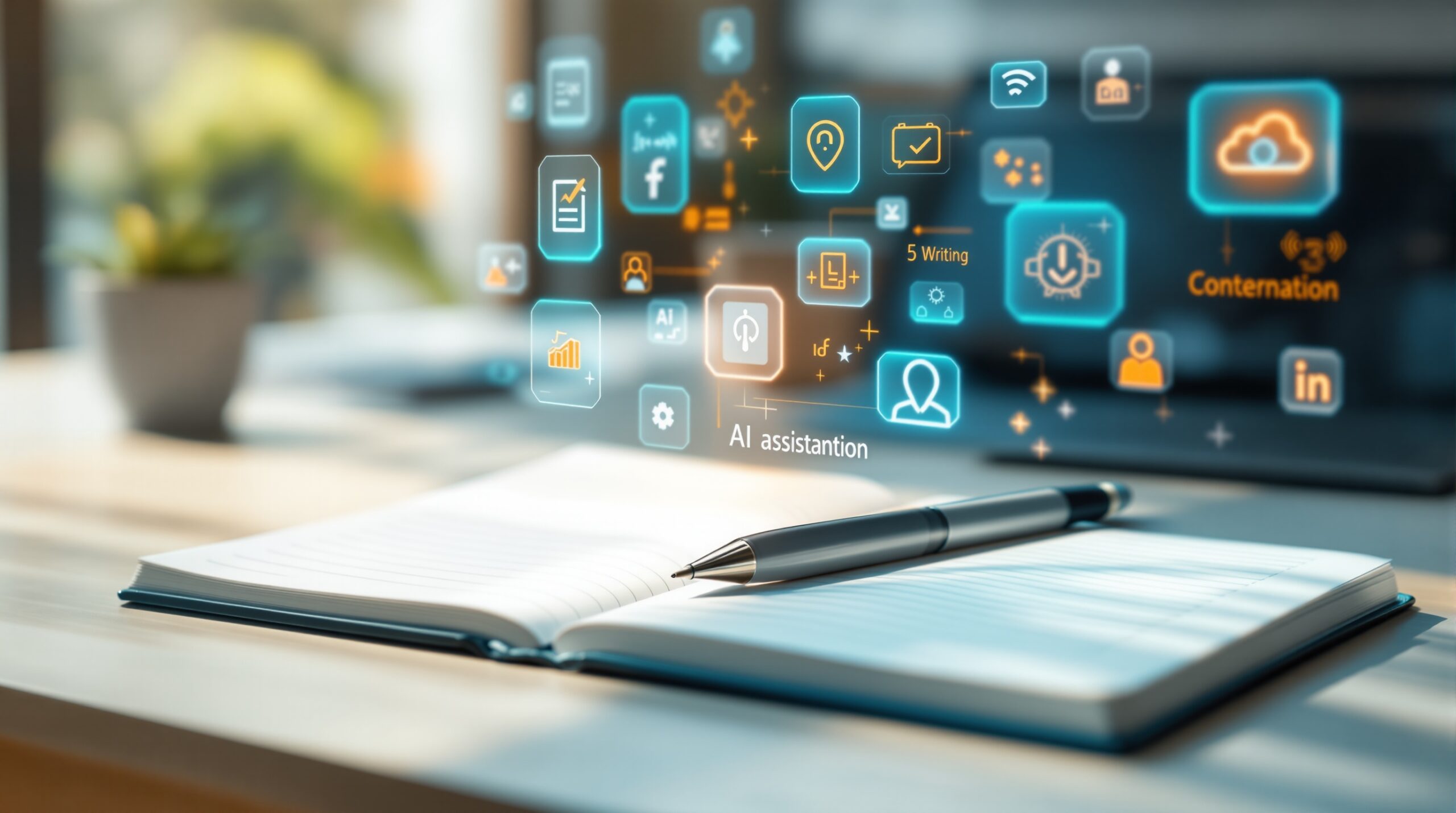 Digital AI writing tools and icons floating above open notebook with pen on clean desk surface