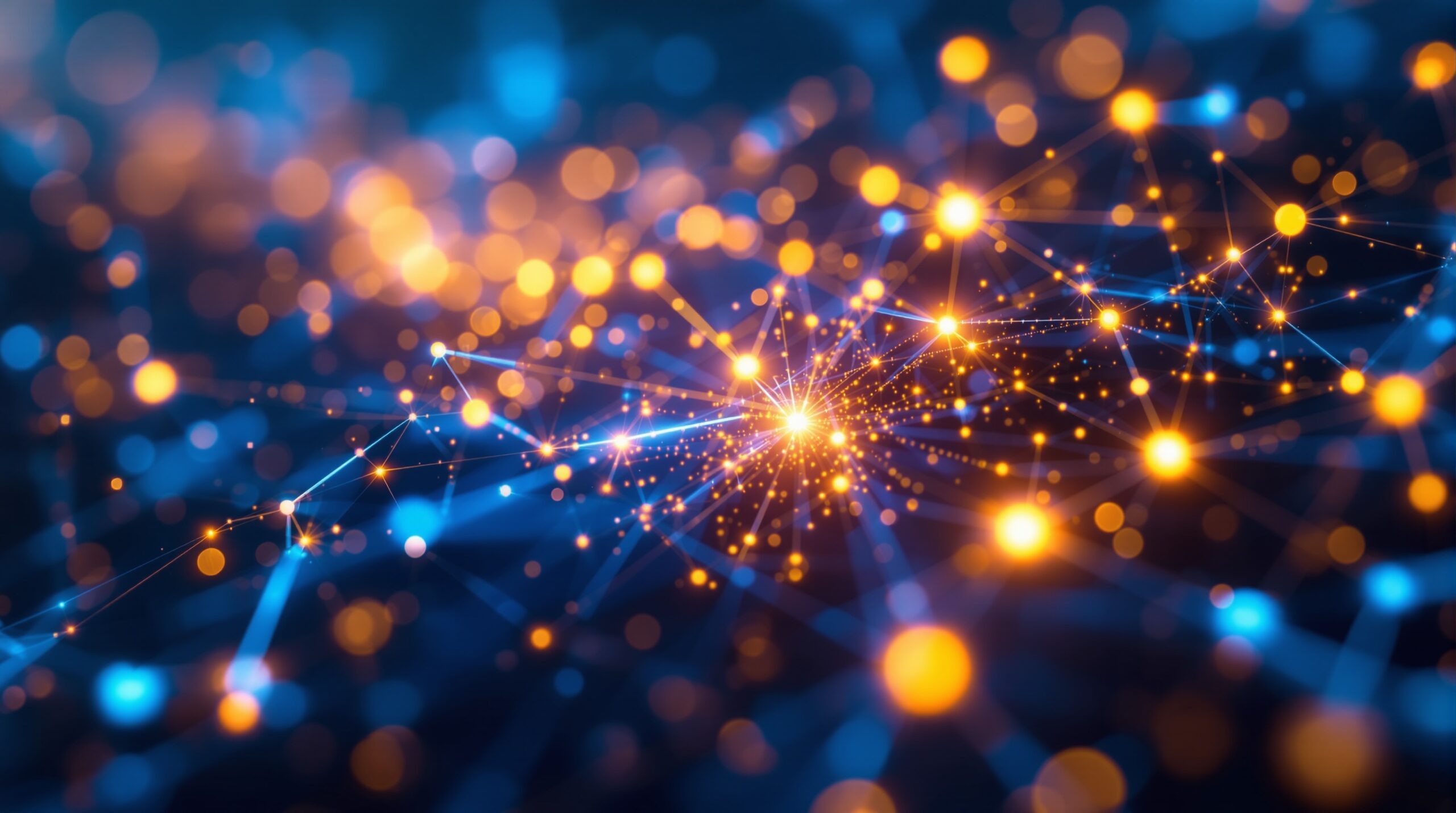 Abstract neural network nodes glowing with golden and blue light, representing AI copywriting data processing