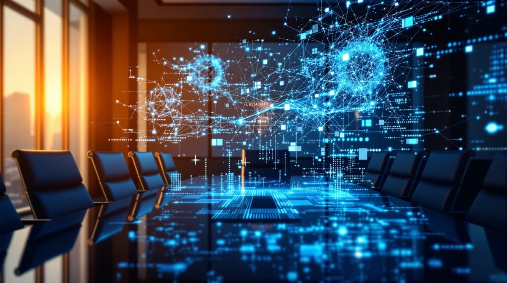 Empty boardroom with floating AI neural networks above conference table, highlighting leadership absence amid AI ethics issues