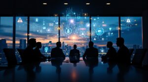 Corporate executives in silhouette around conference table with holographic AI neural networks showing warning symbols