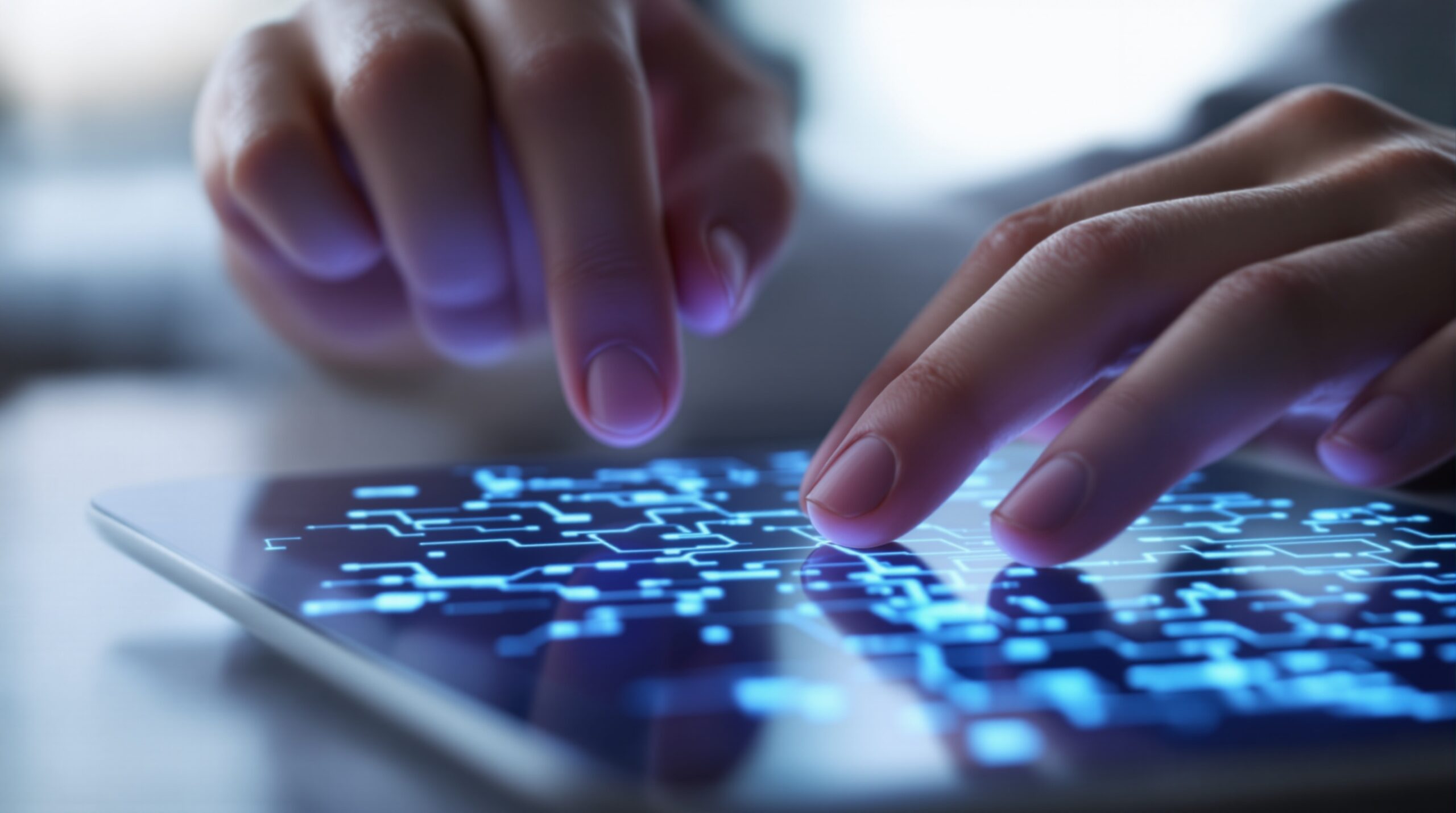 Hands hesitating over tablet showing AI decision trees, representing uncertainty in AI ethics choices