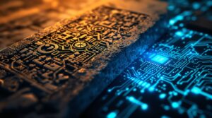 Ancient stone tablet with carved symbols next to modern computer chip with glowing neural pathways for AI ethics article