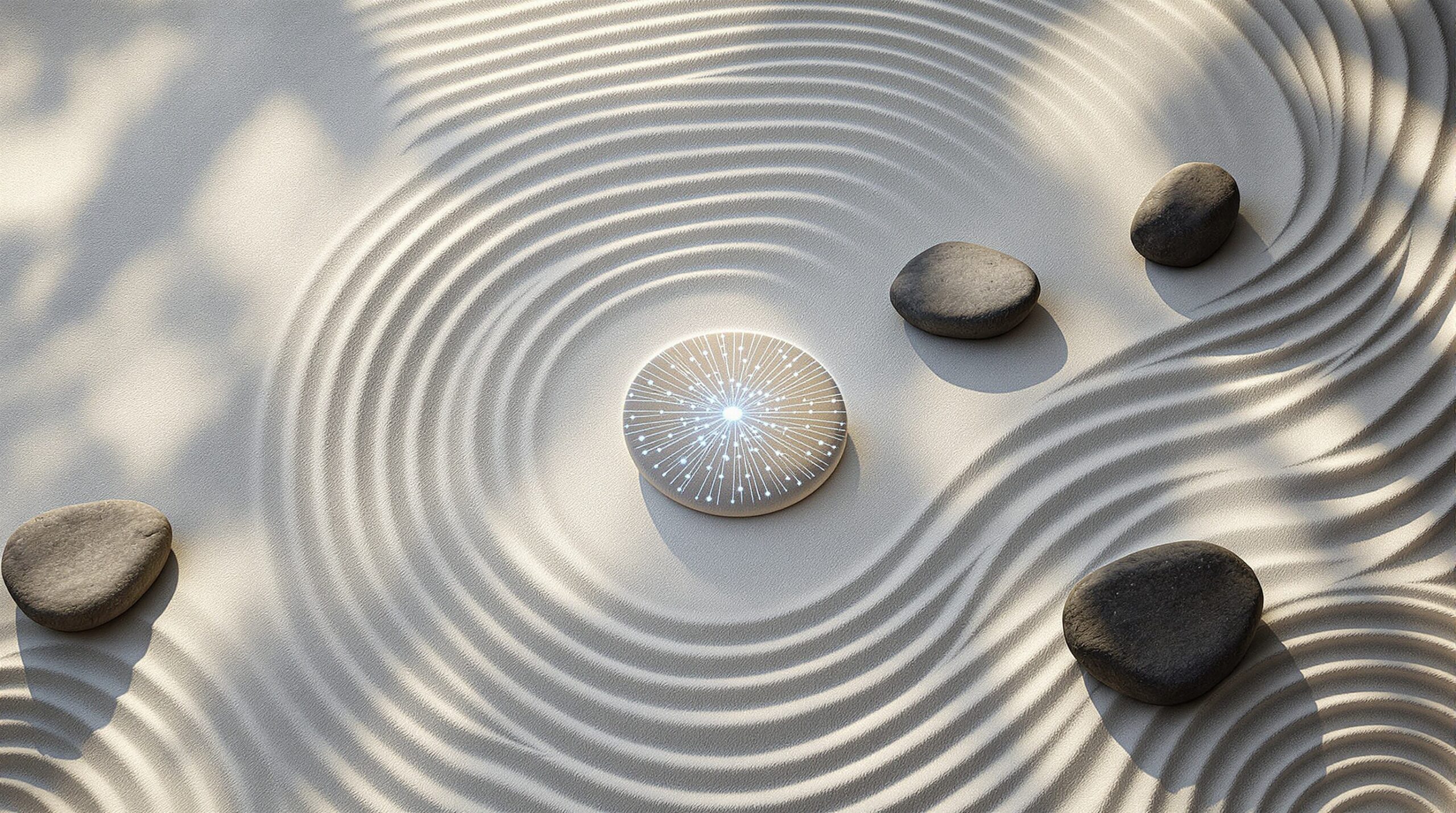 Zen meditation garden with stones and raked sand, featuring glowing AI neural network hologram blending ancient wisdom with technology