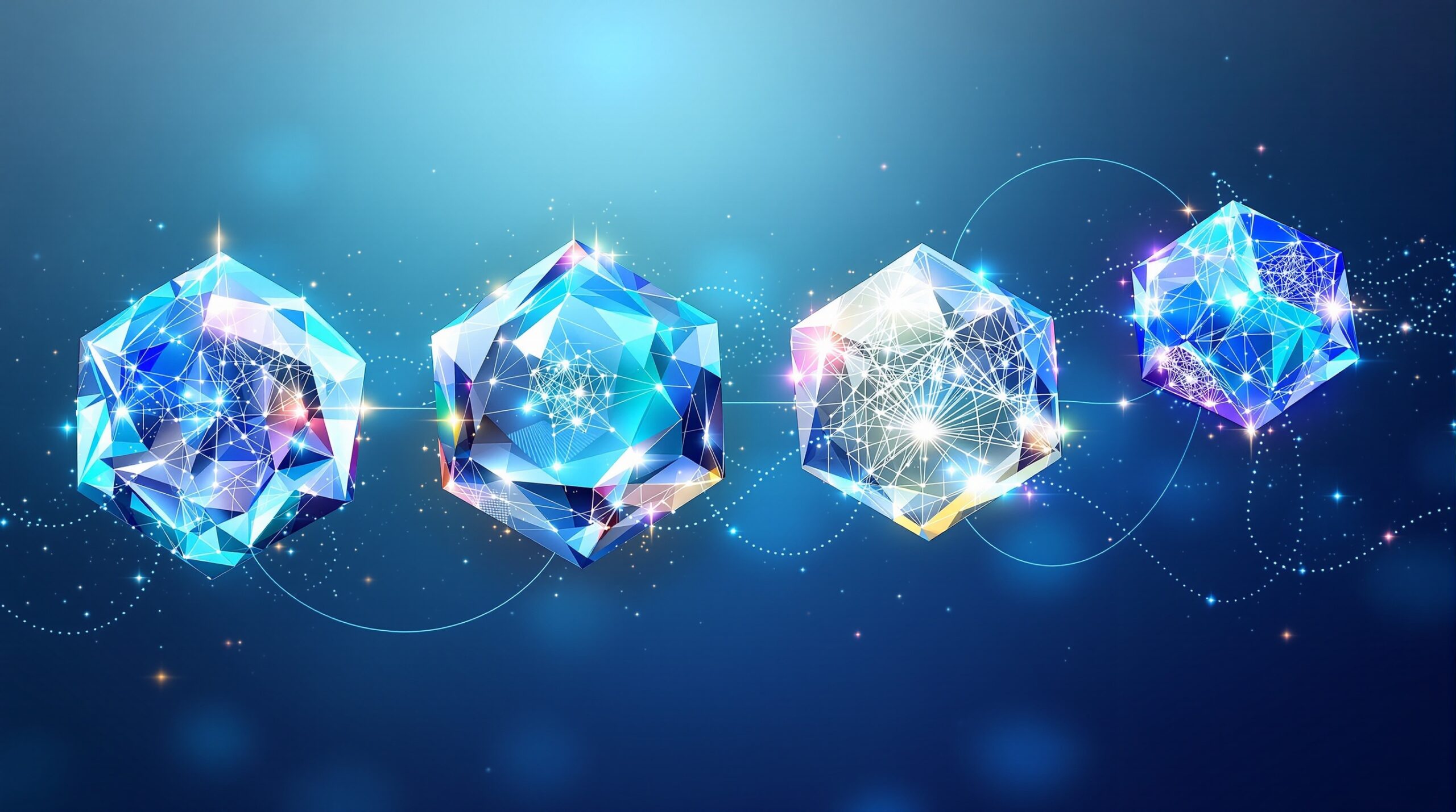 Four crystalline structures connected by data streams representing AI code completion's four-stage process