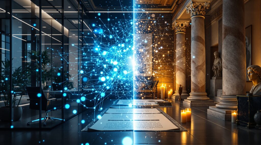 Split-screen showing modern AI office with neural networks merging into ancient philosopher's study with scrolls and columns