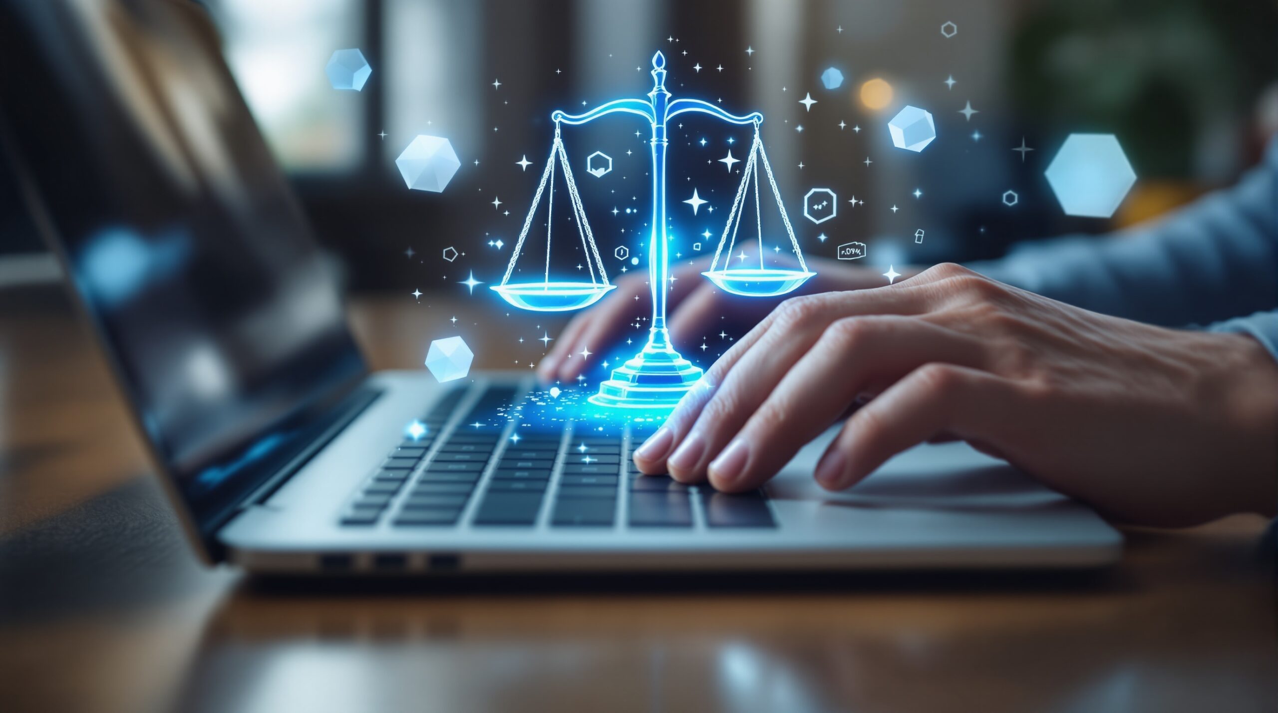 Hands typing on laptop with holographic scales of justice floating above, representing AI ethics and moral decision-making