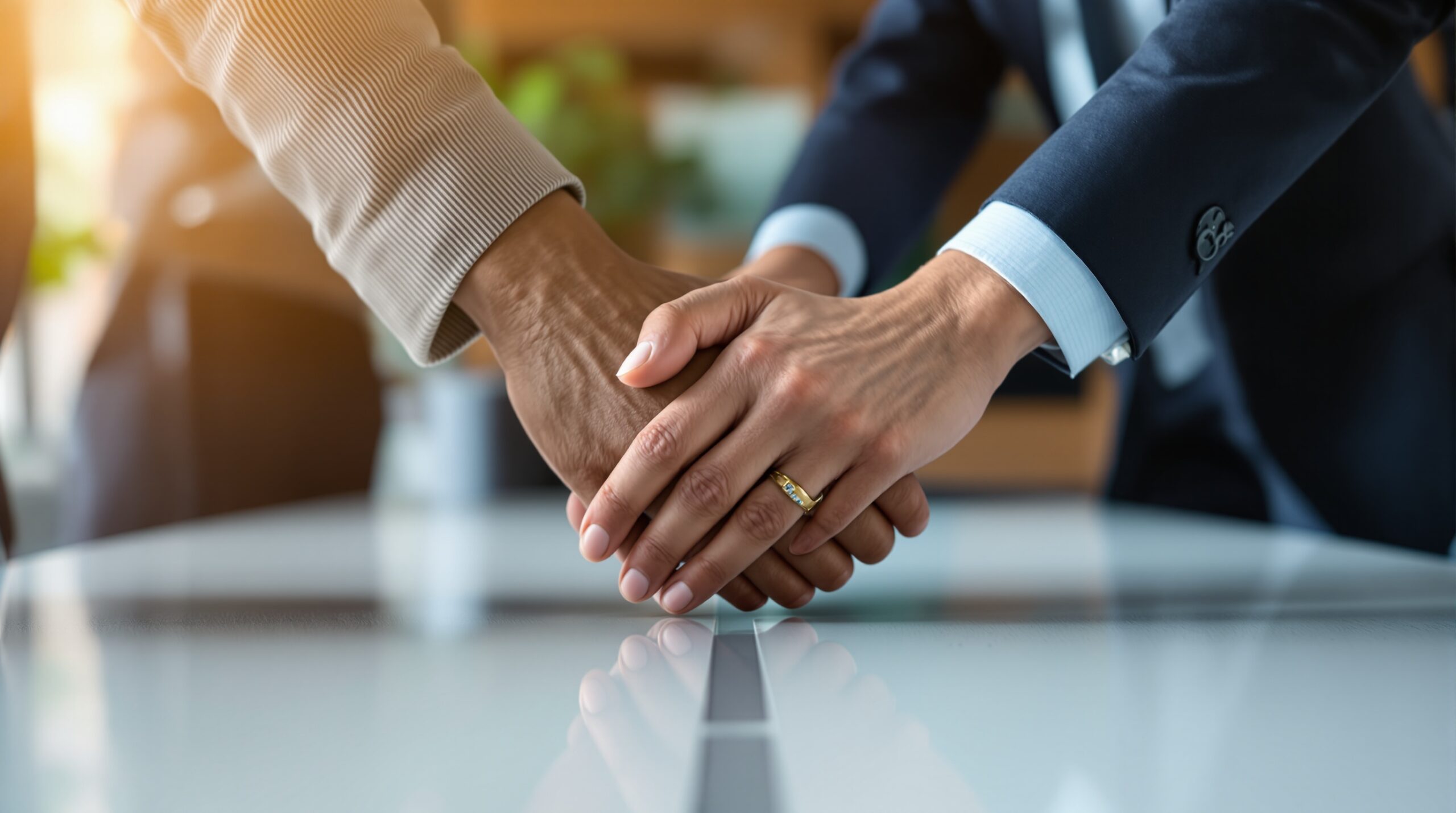 Diverse hands joining together over conference table symbolizing ethical leadership, trust and collaboration in workplace