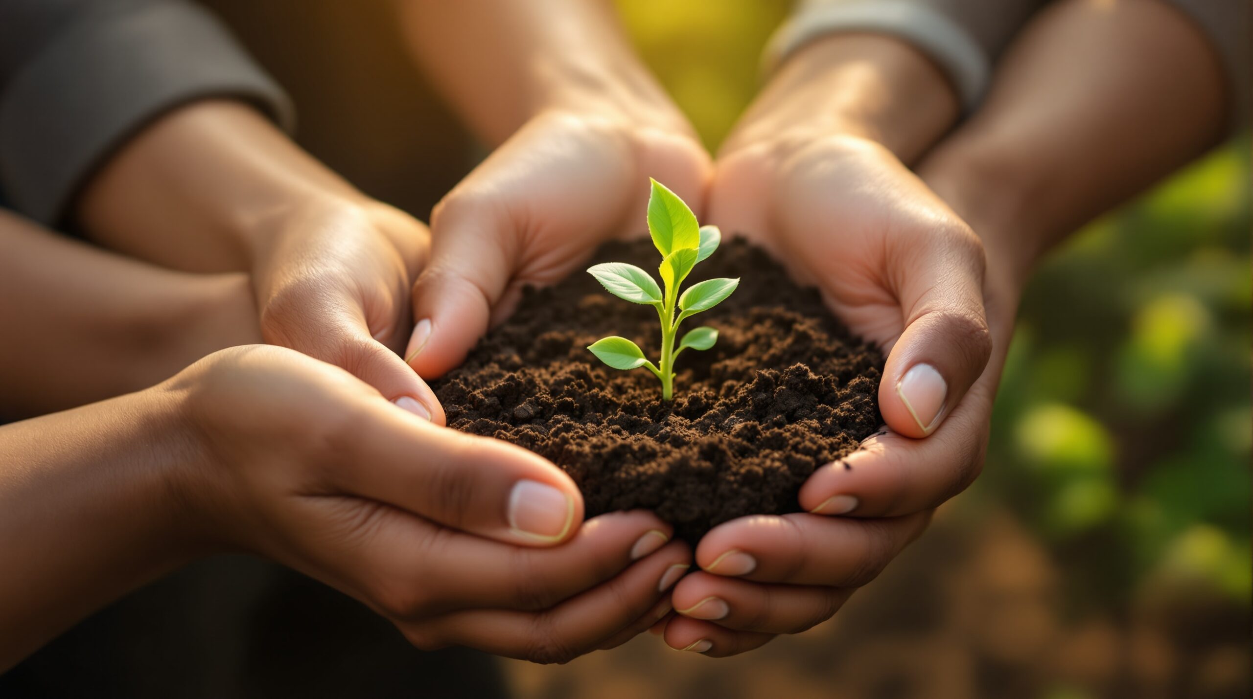 Diverse hands gently cupping a green plant seedling in soil, symbolizing nurturing ethical culture growth