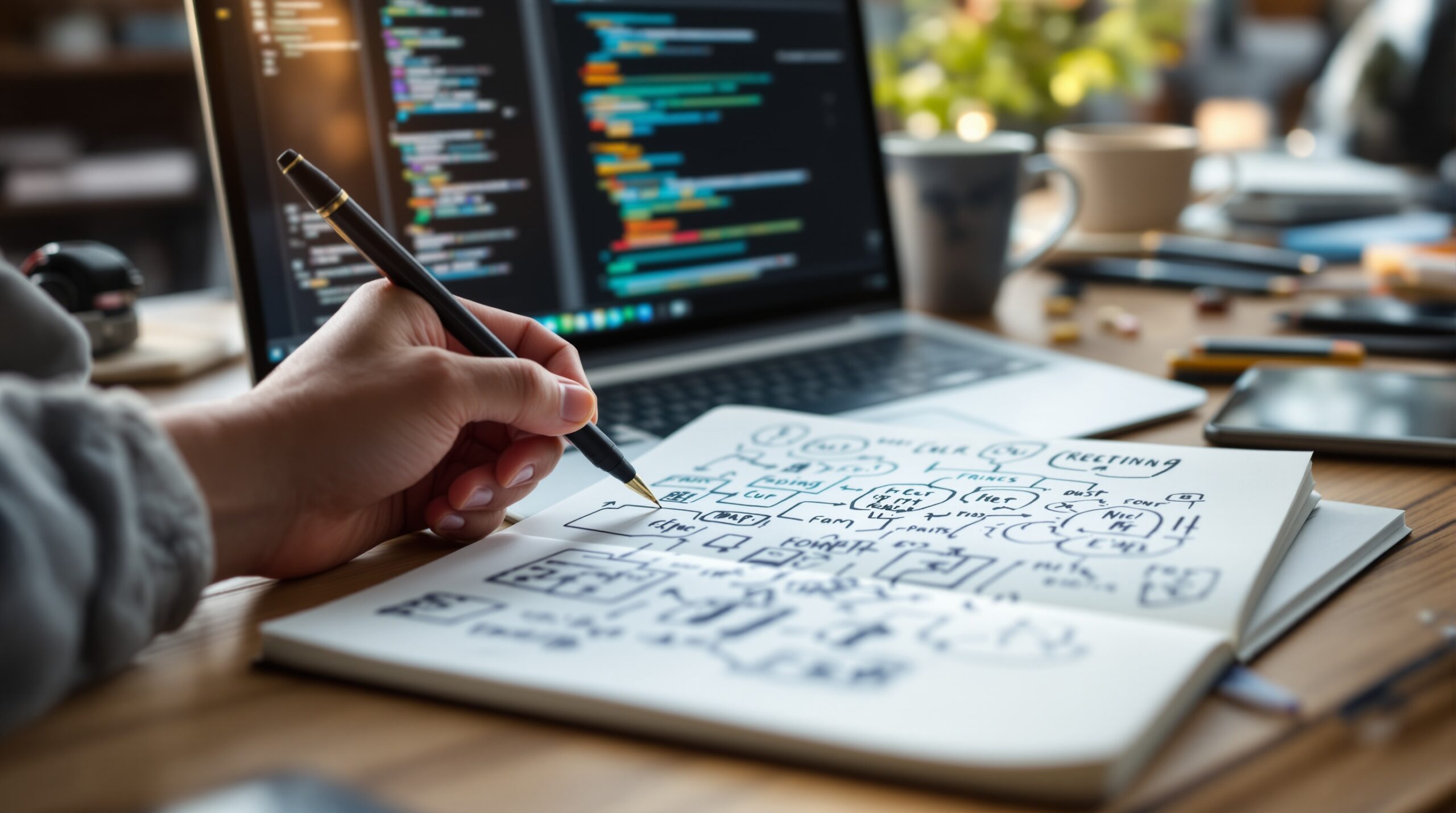 Human hand with pen over handwritten notes beside laptop screen, showing human AI collaboration in modern workspace