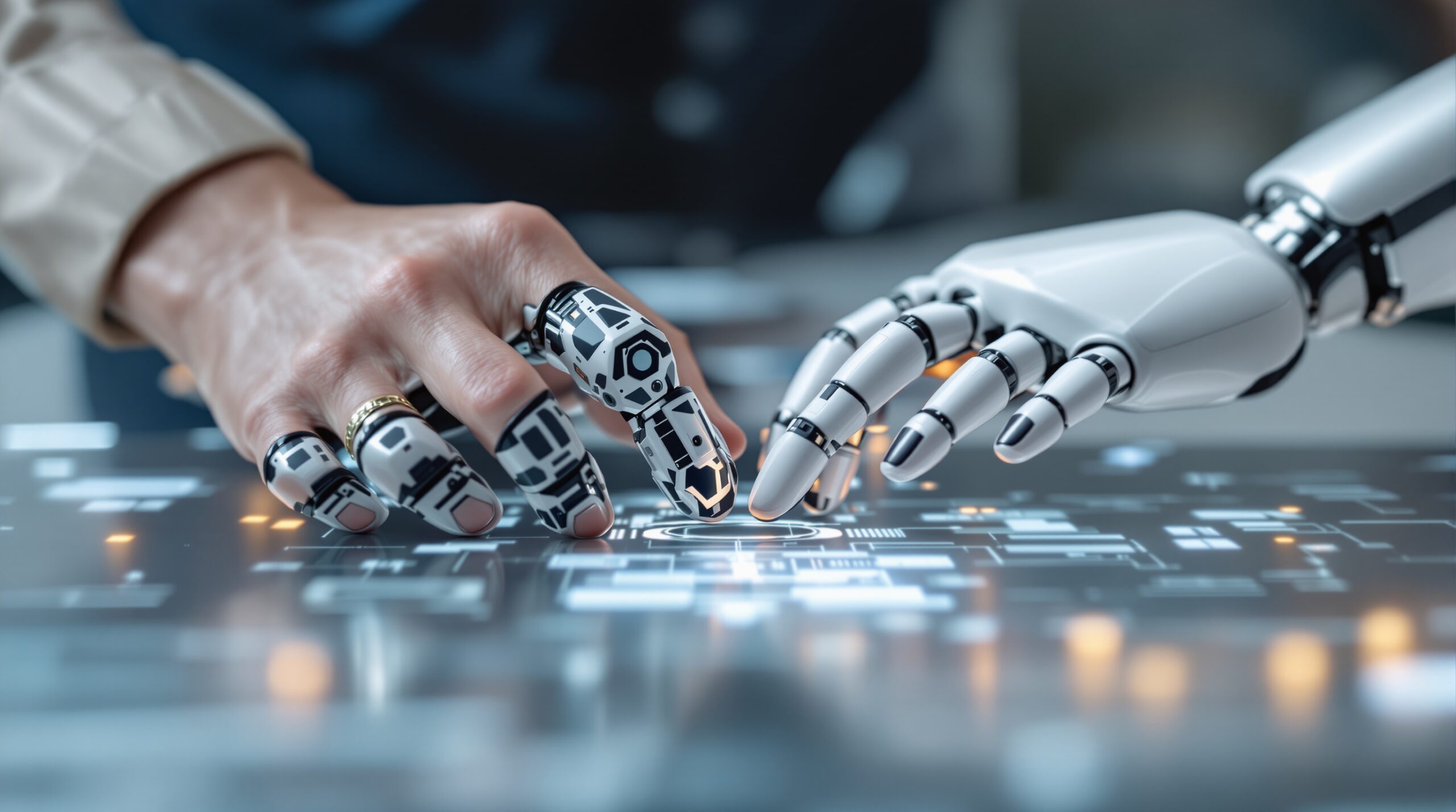 Human hands and robotic arm collaborating on shared workspace, demonstrating dynamic leadership in AI integration