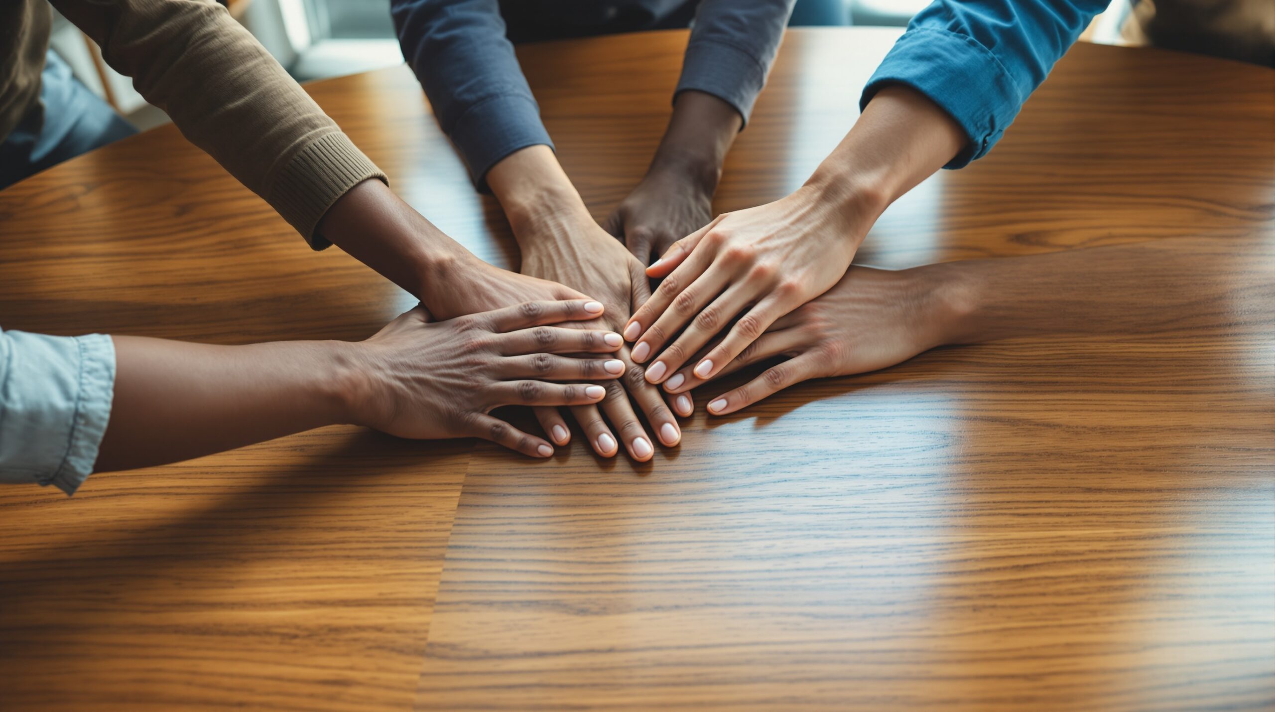 Diverse hands joining together over wooden conference table showing teamwork and collaborative leadership strategies