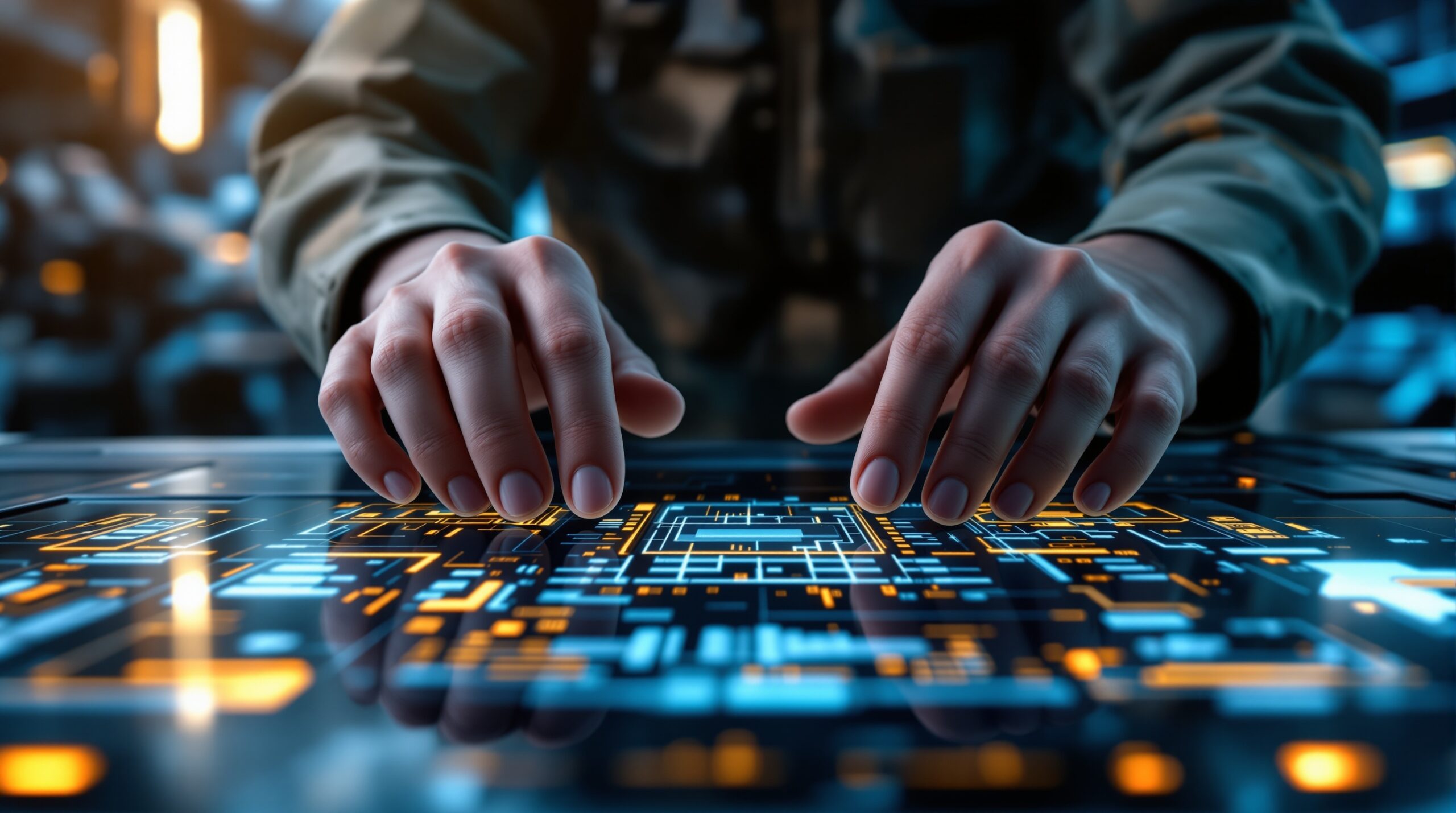 Human hands hovering over futuristic military control interface with glowing panels, symbolizing ethical decision-making