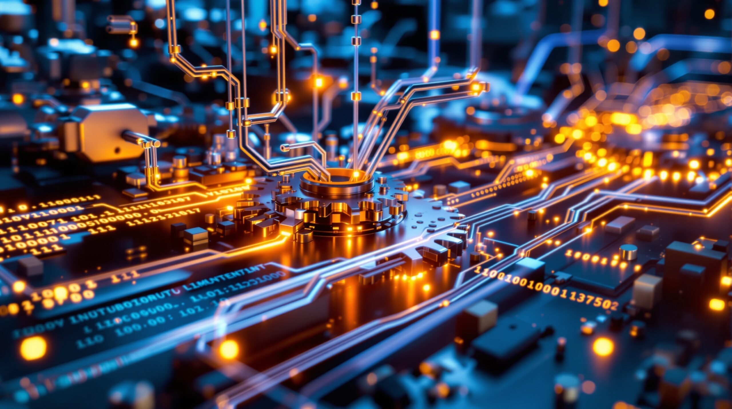 Abstract AI automation visualization with interconnected gears, circuits, and glowing data streams in blue and amber