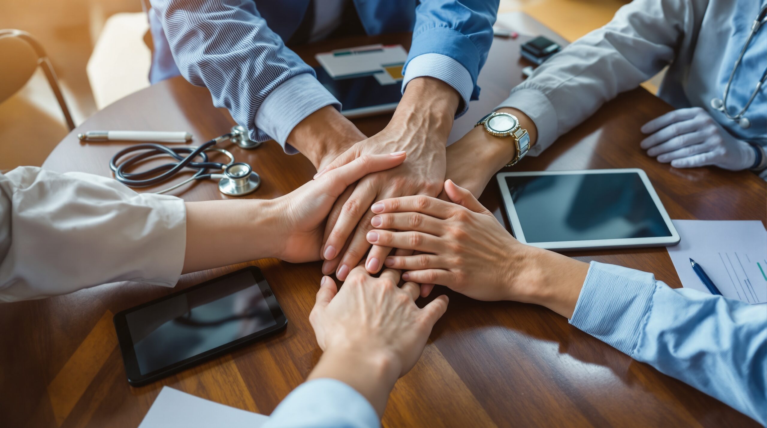 Diverse hands joining together over conference table with medical documents, symbolizing collaborative healthcare ethics
