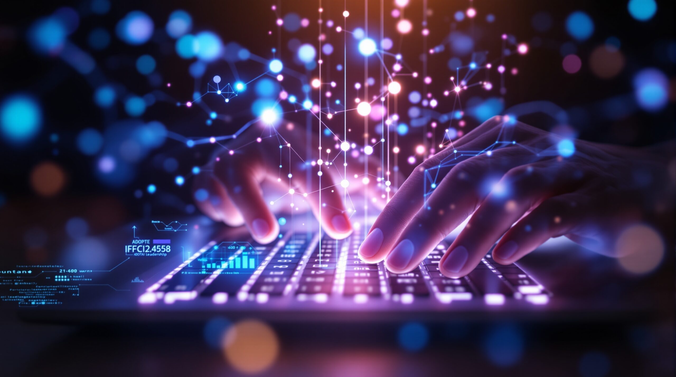 Hands typing on laptop with glowing AI data streams, representing adaptive leadership in digital transformation