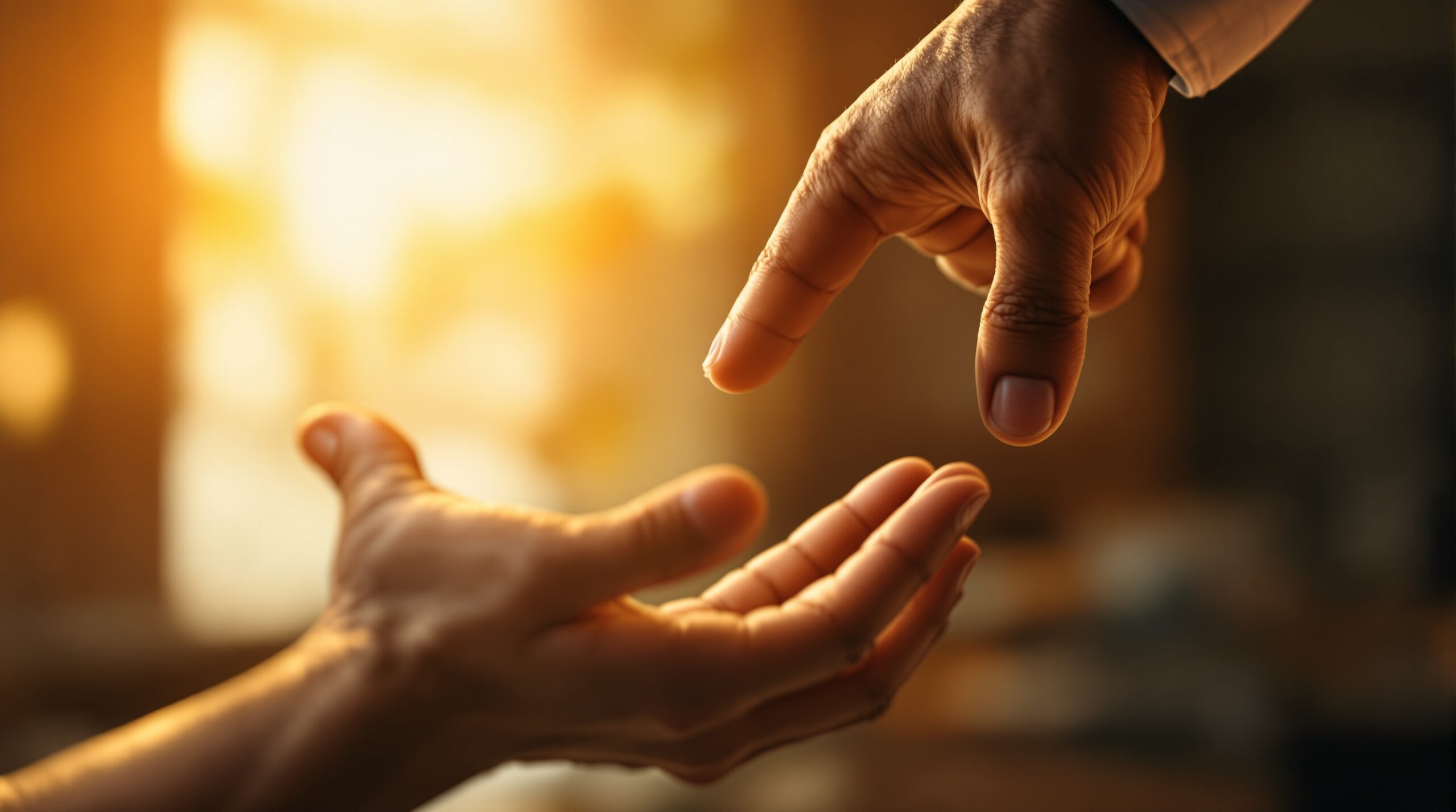 Two hands of different skin tones connecting - one helping pull the other up, symbolizing servant leadership support