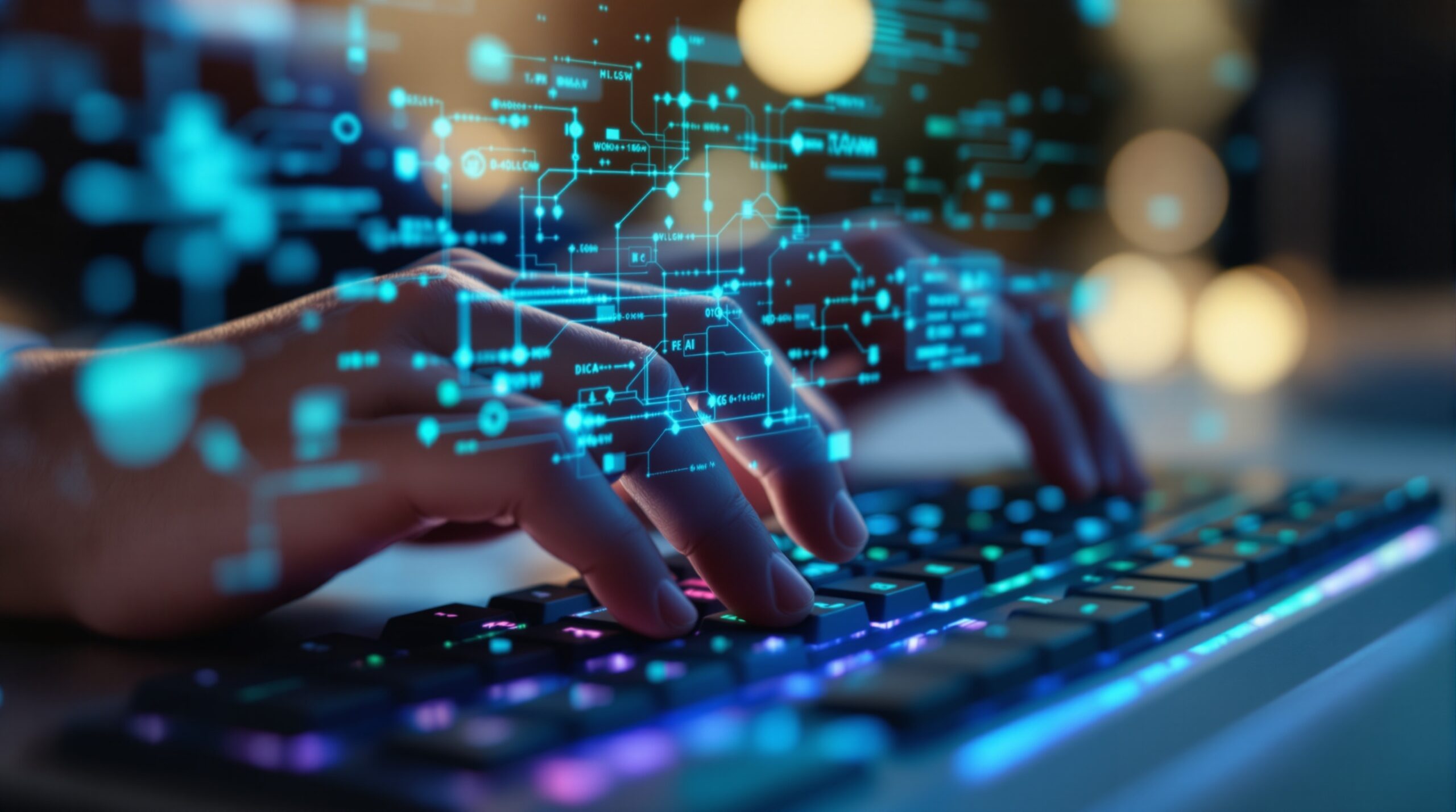 Hands typing on RGB keyboard with AI assistant interface hovering above, showing data streams and neural networks