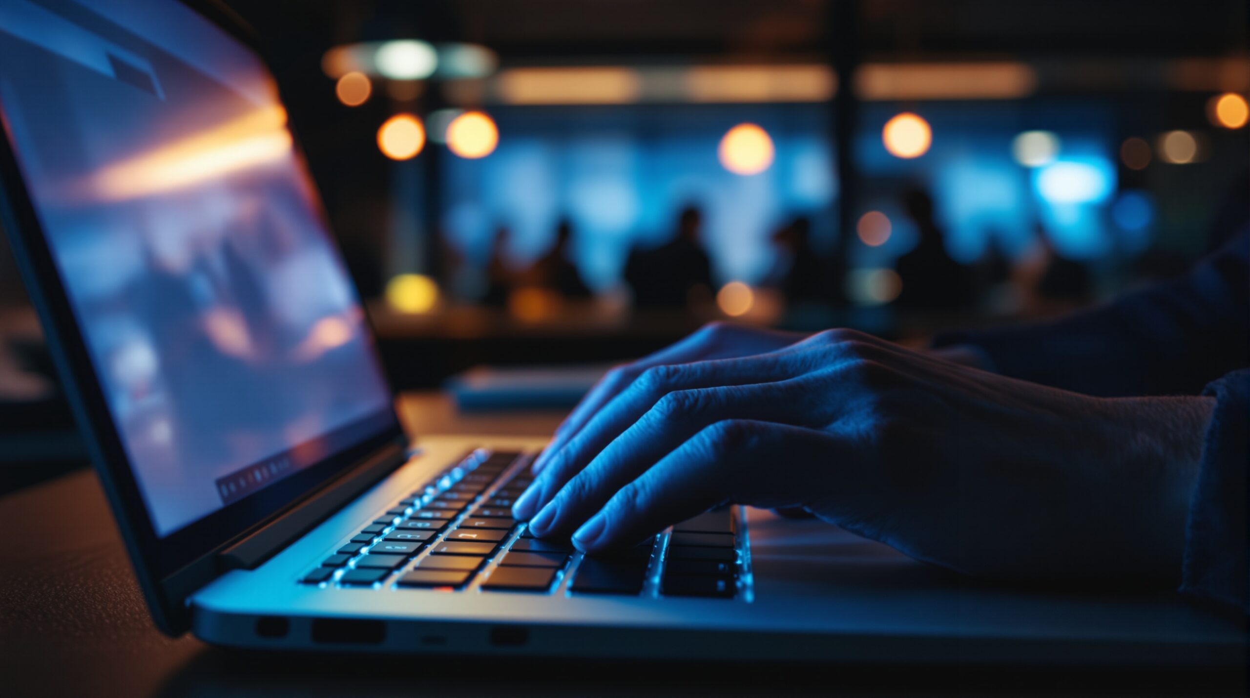 Hands typing on laptop keyboard in dimly lit office with blue screen glow, suggesting careful documentation work