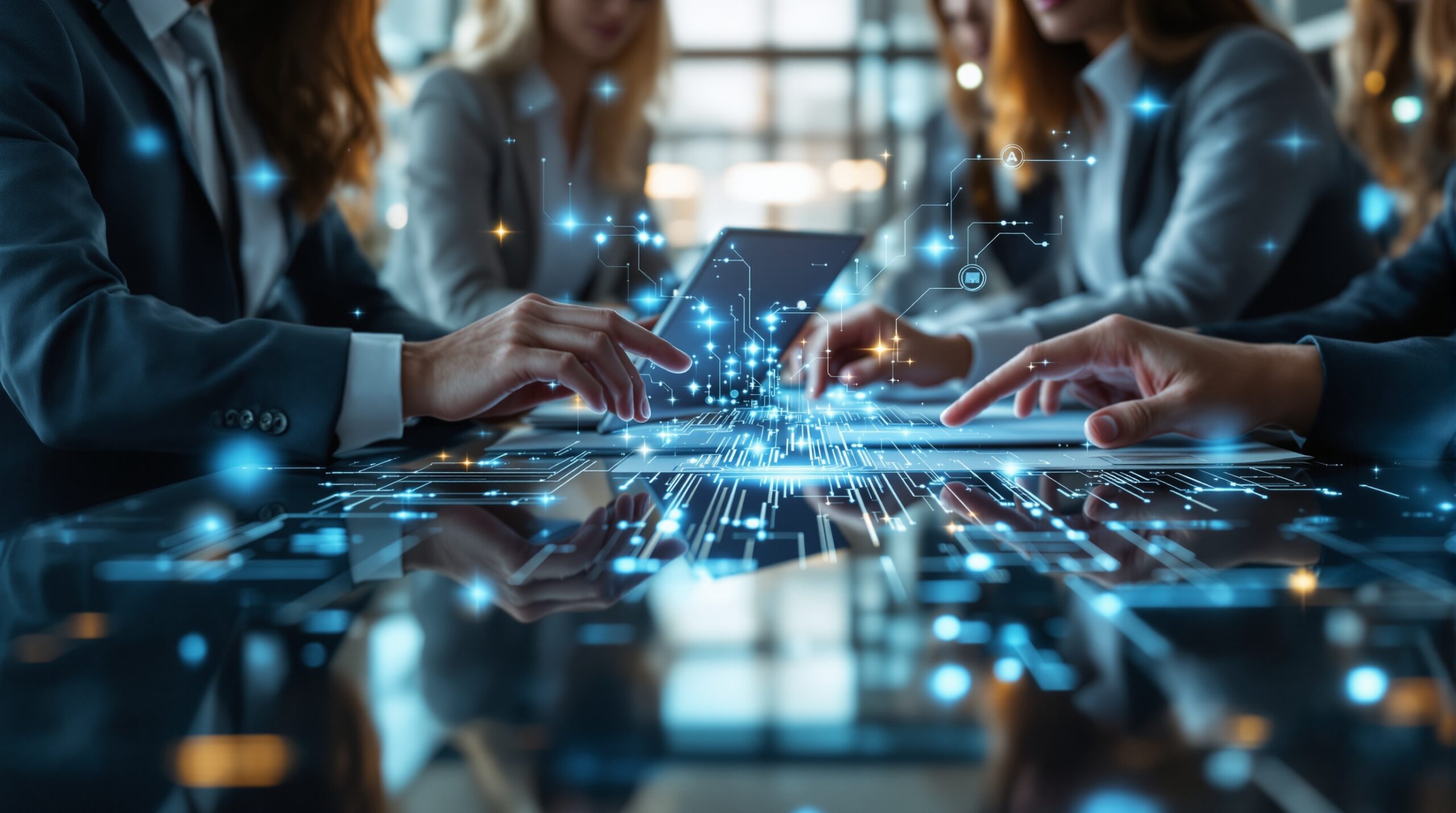 Diverse business team collaborating at conference table with AI visualization elements for strategy implementation