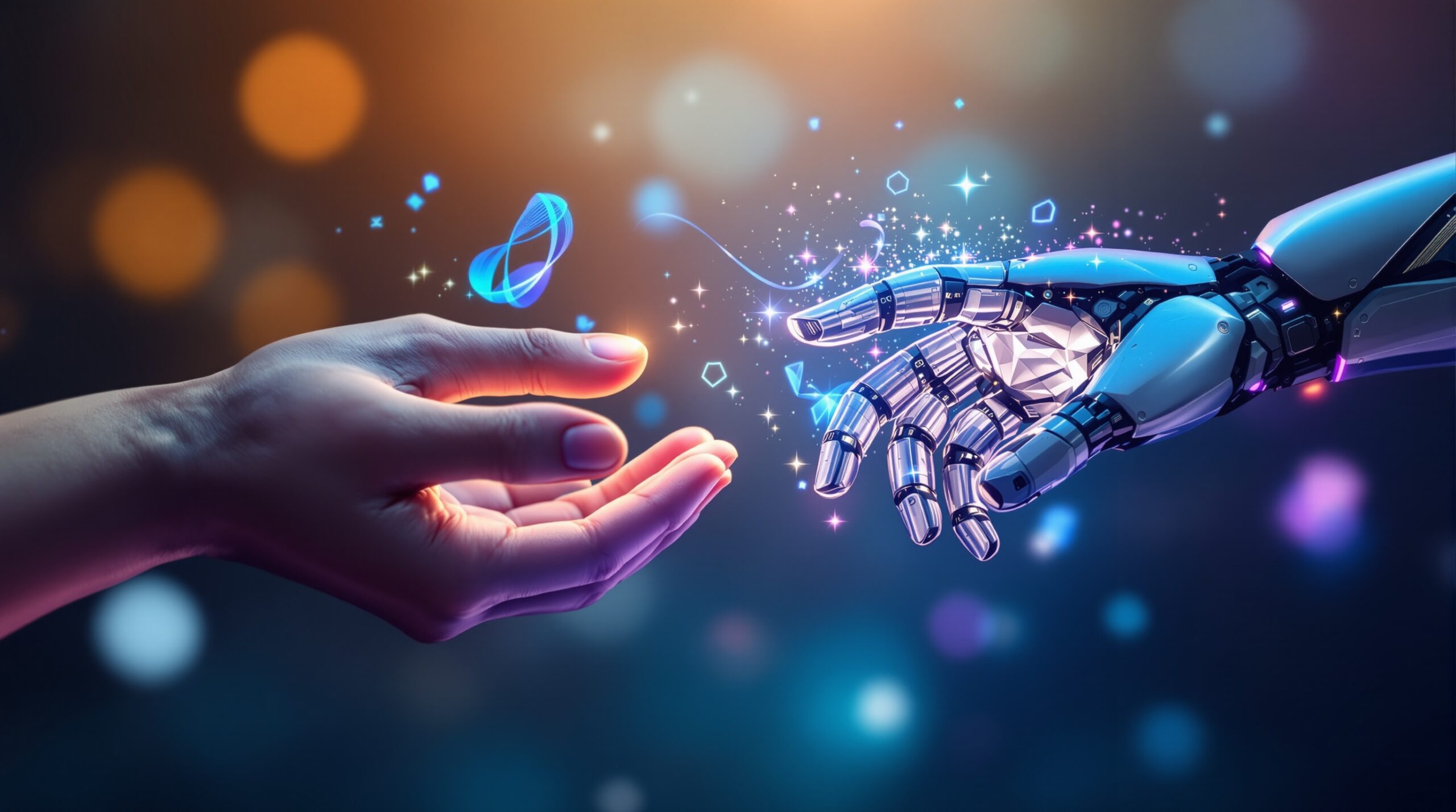 Human and robotic hands reaching toward each other with glowing creative elements, symbolizing AI-writer collaboration