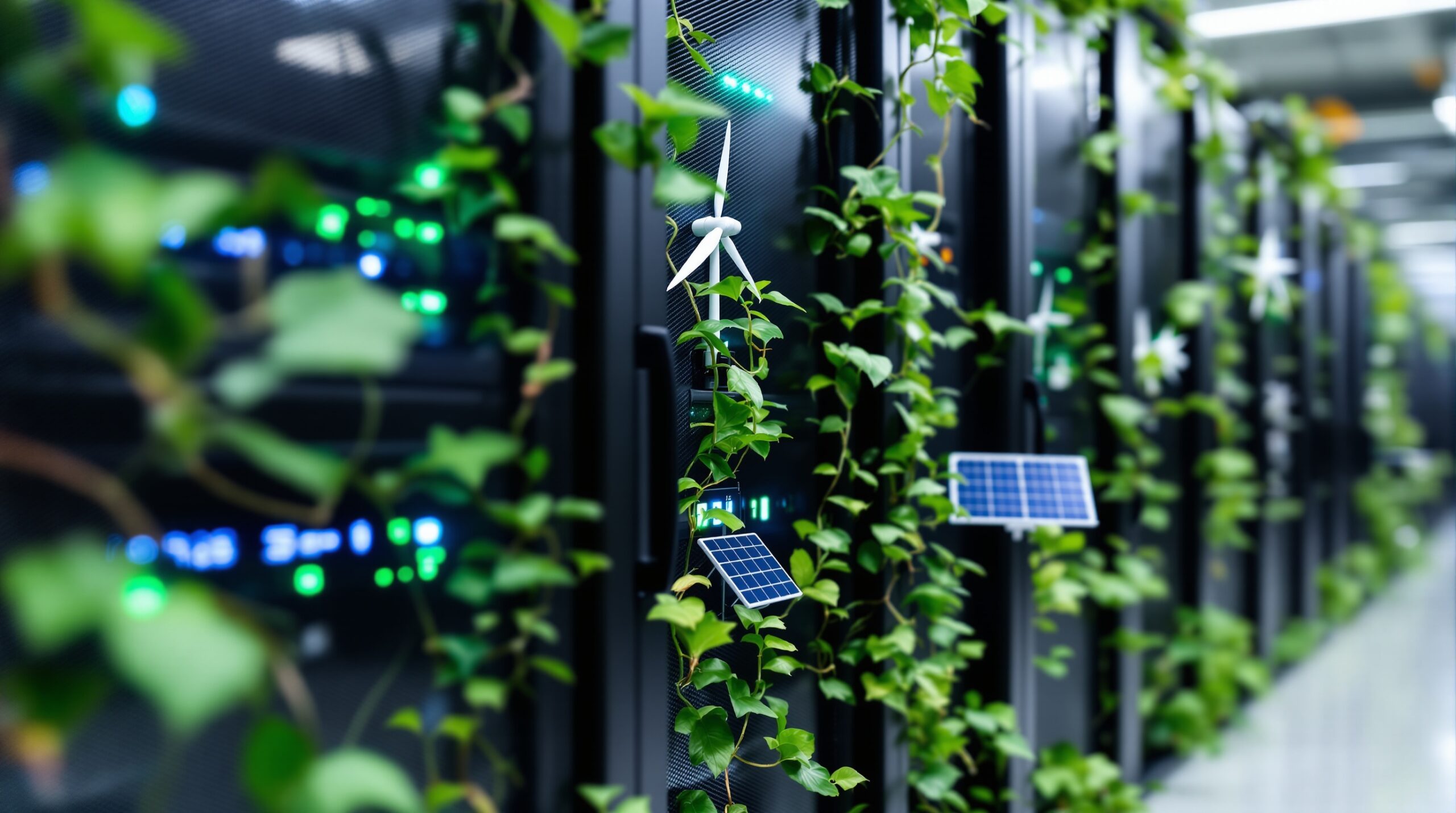 Data center servers integrated with green plants and renewable energy, showing eco-friendly technology solutions