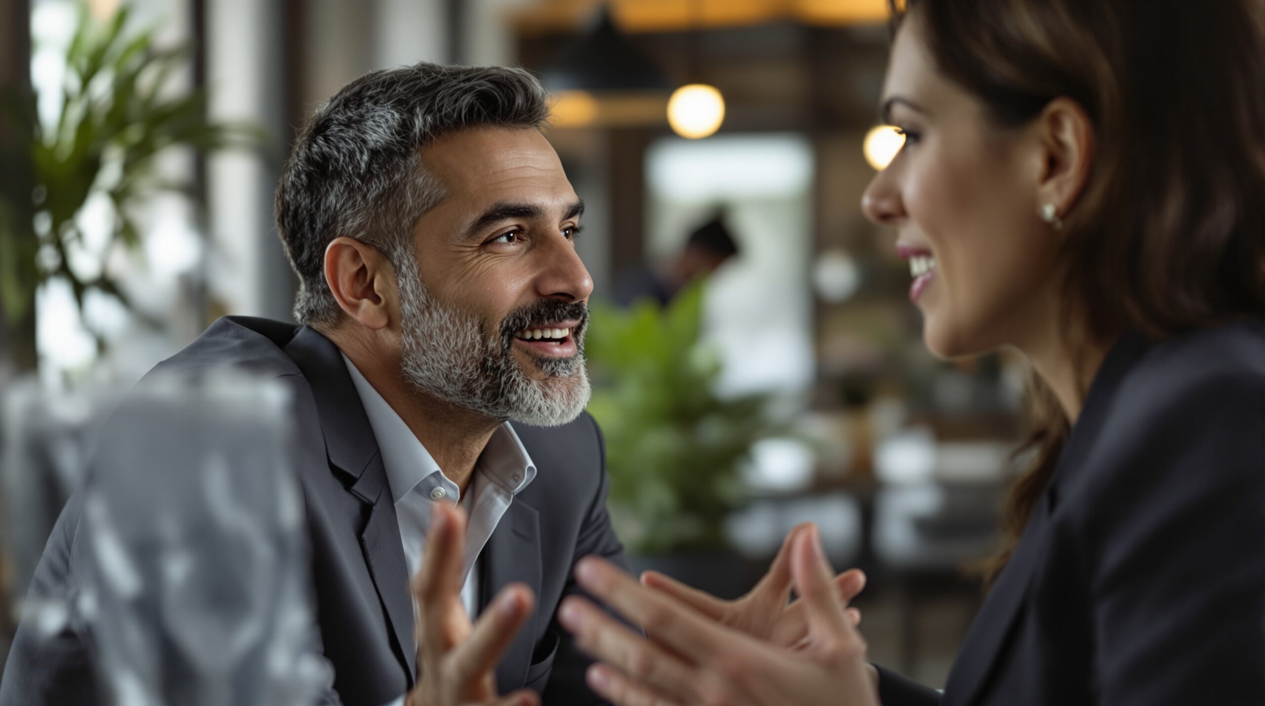 Two business professionals in mentoring conversation, one listening intently while other speaks with gestures