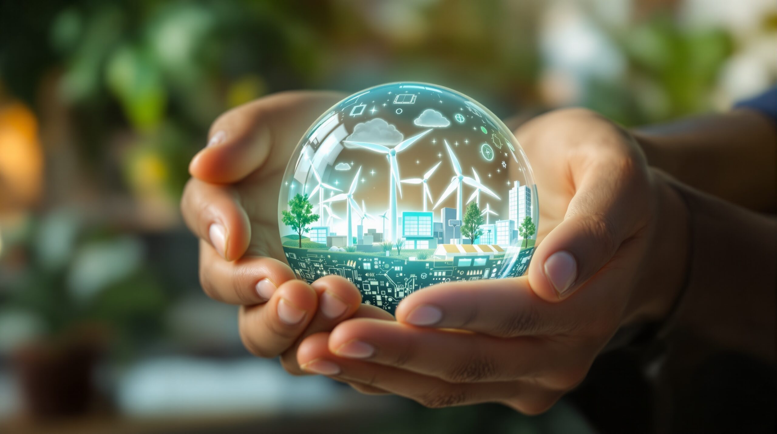 Diverse hands holding glowing sphere with sustainable tech symbols representing ethical business innovation