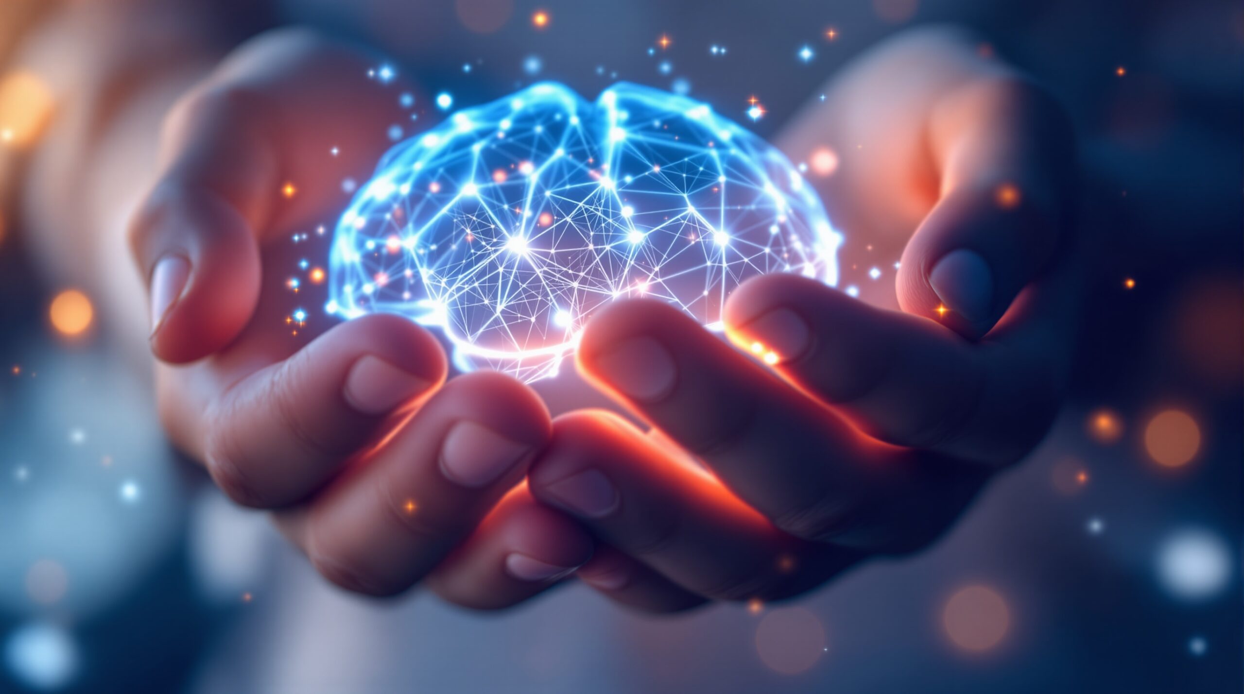 Human hands protectively cradling a glowing digital brain with neural networks, symbolizing ethical leadership in AI