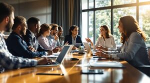 Diverse business professionals collaborating around conference table discussing importance of business ethics