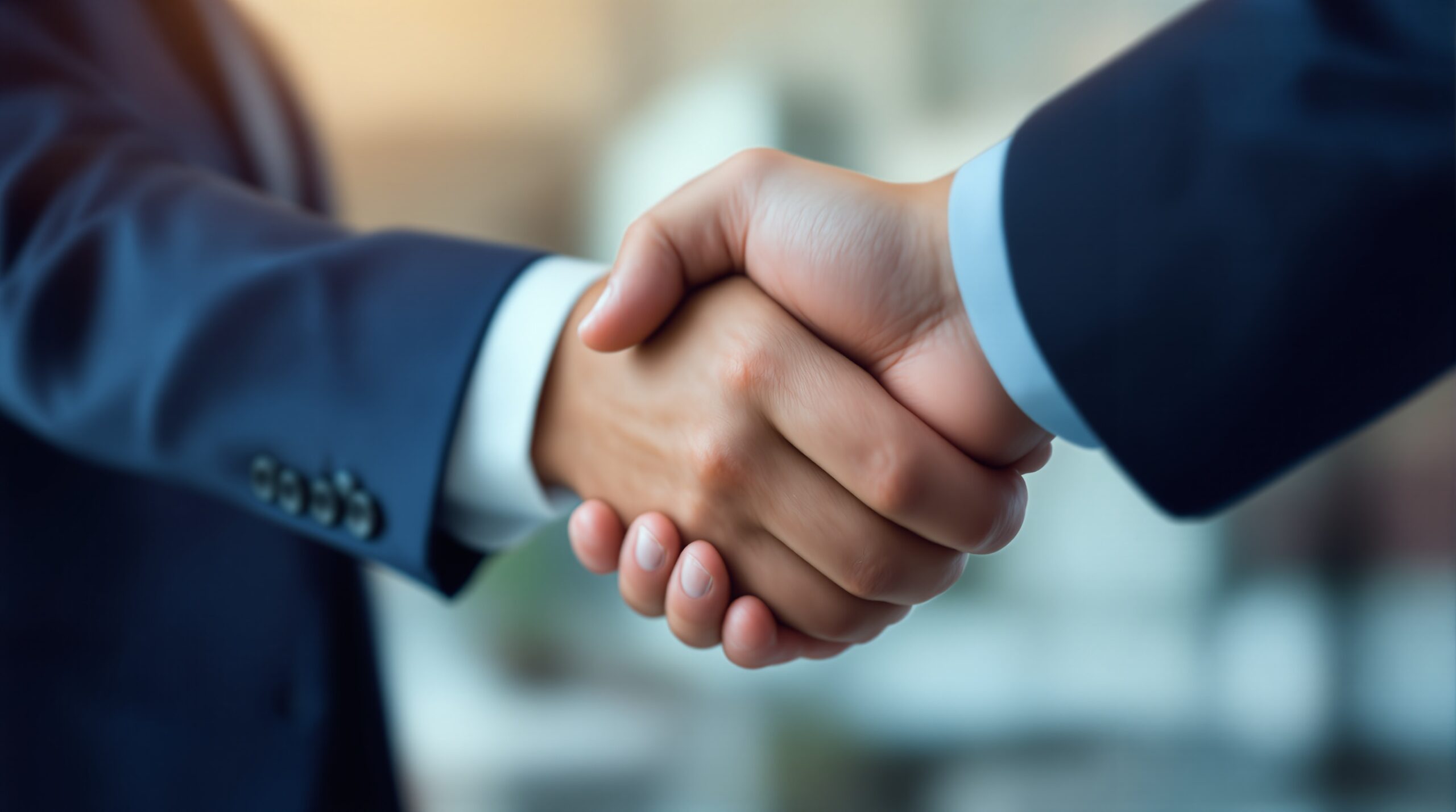 Two business professionals shaking hands in close-up, representing trust and ethical partnership in corporate settings