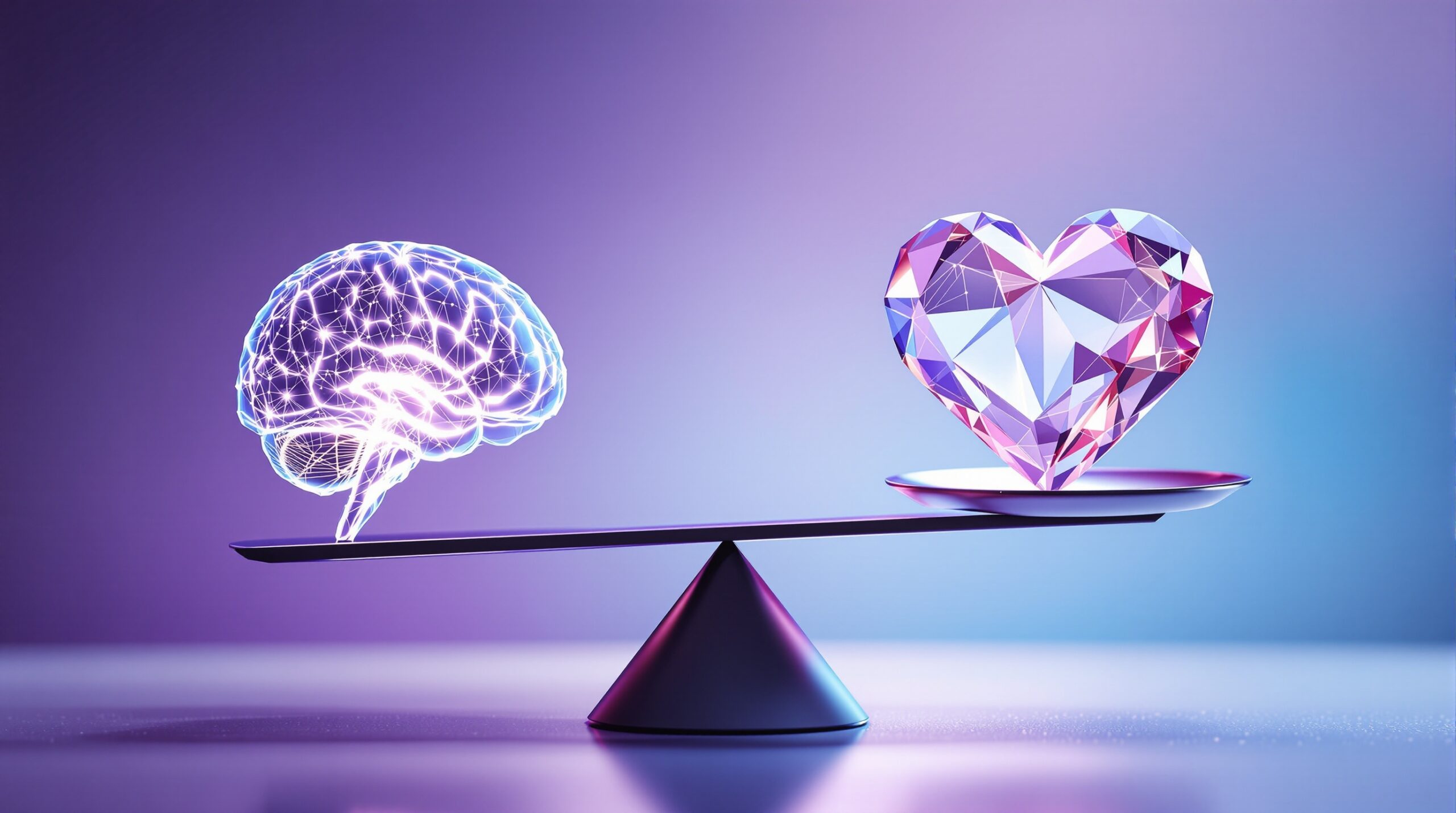 Balanced scales in space with glowing brain on one side and crystalline heart on other, illustrating moral psychology