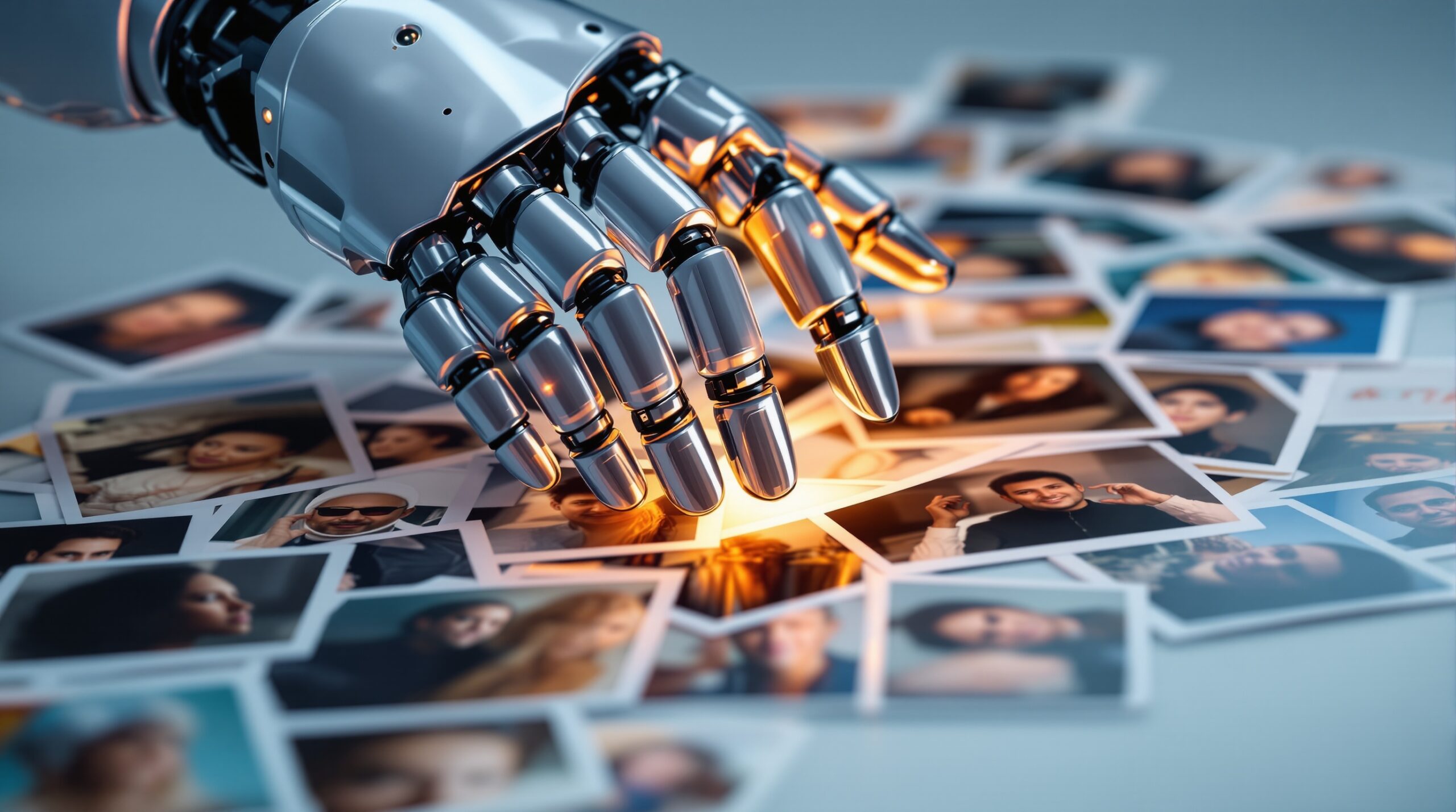 Robotic hand selecting from diverse human portraits, some highlighted in gold, others shadowed in blue