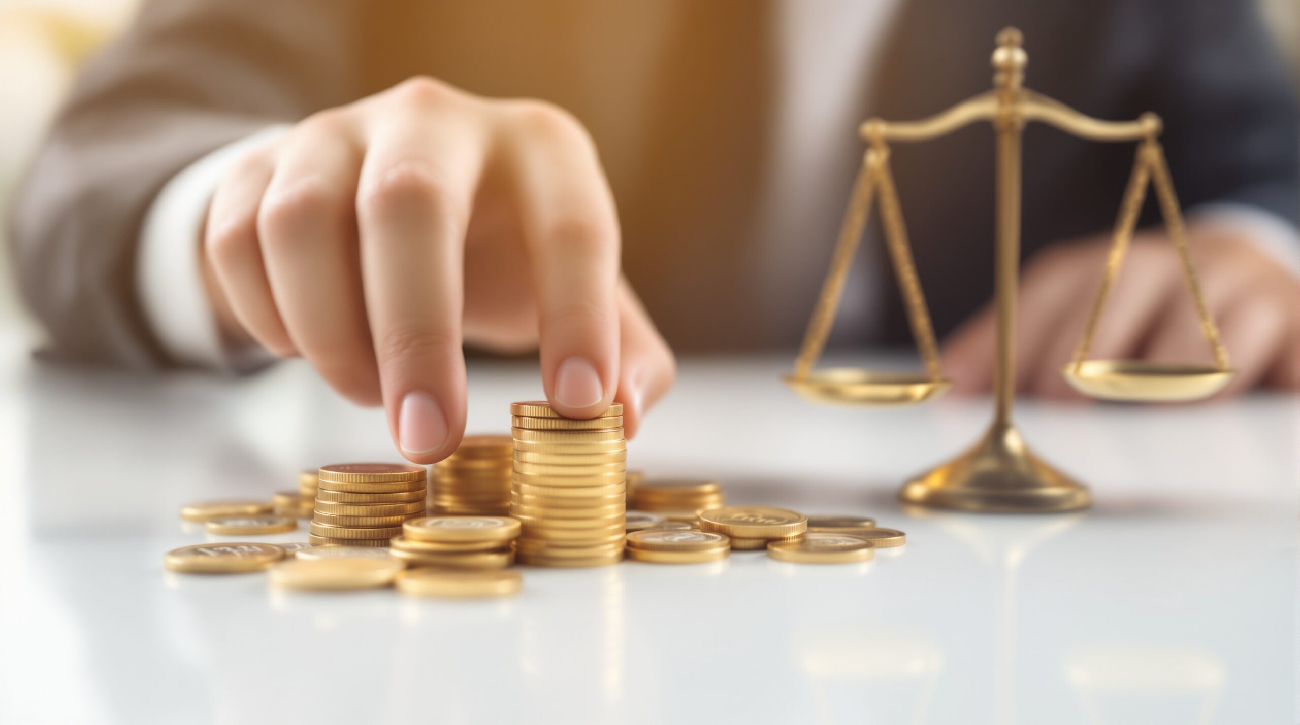 Businessman's hand reaching for gold coins on desk with tilted scales of justice blurred in background