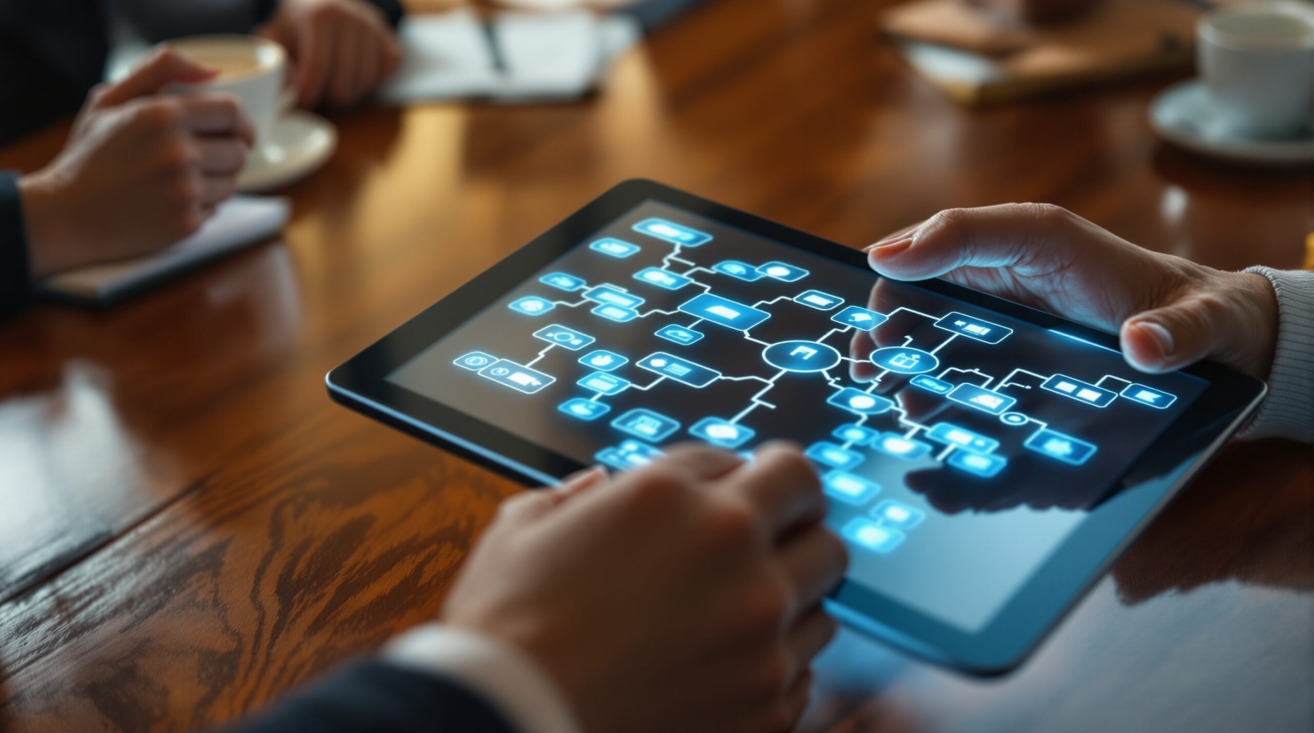 Hands holding transparent tablet showing decision tree with blue pathways over wooden conference table