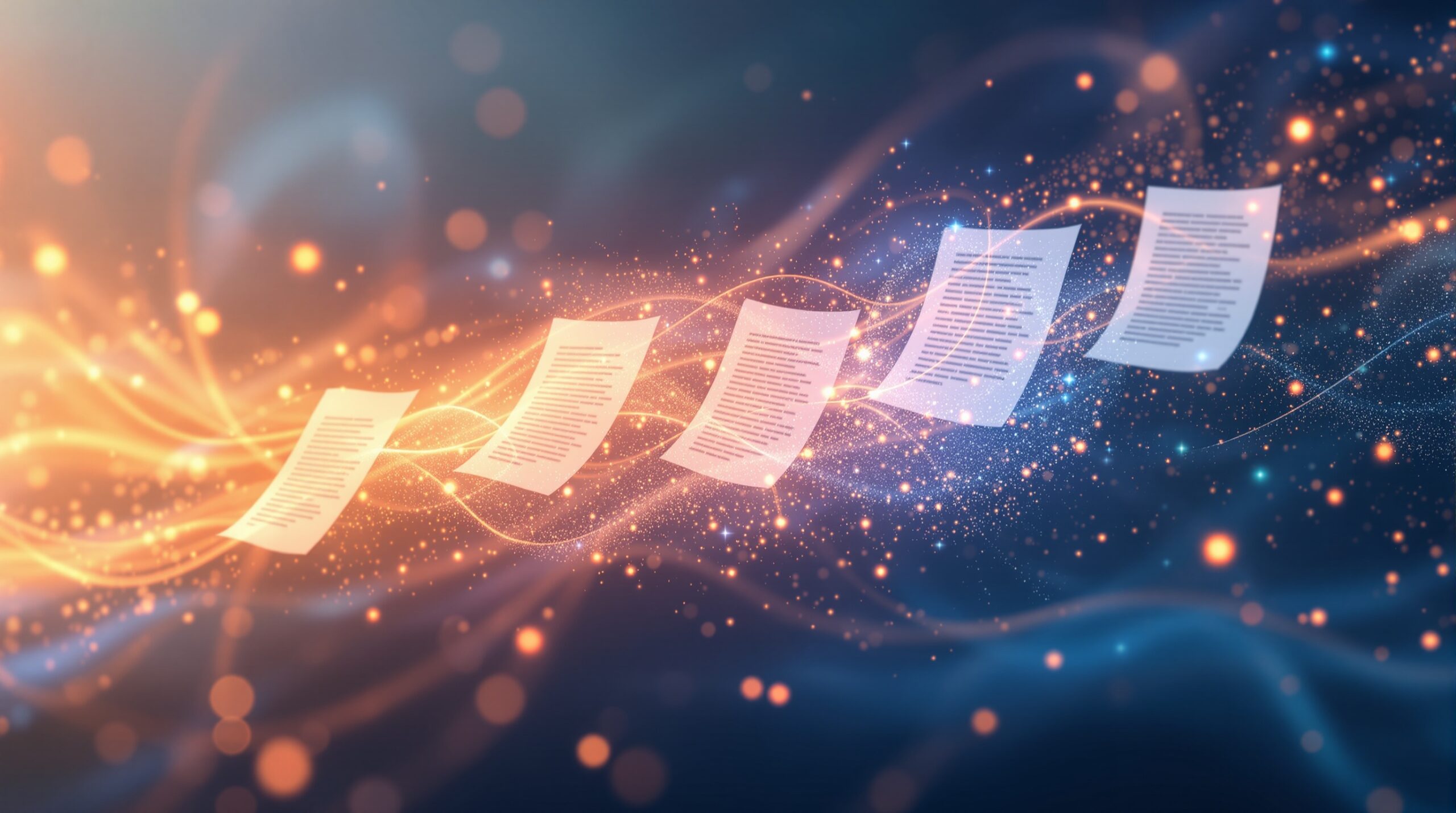 Abstract visualization of floating documents transforming with colorful digital particles, representing AI copywriting evolution